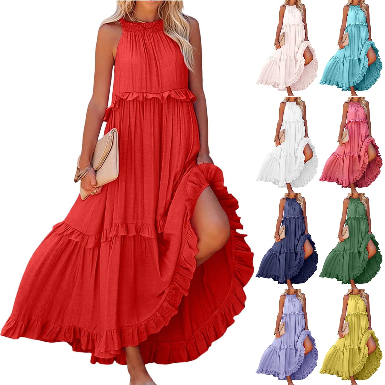 2024 Women's Summer Boho Halter Maxi Dress - Sleeveless Pleated Tiered Swing Dress for Wedding Guest, Beach Vacation & Casual Outings