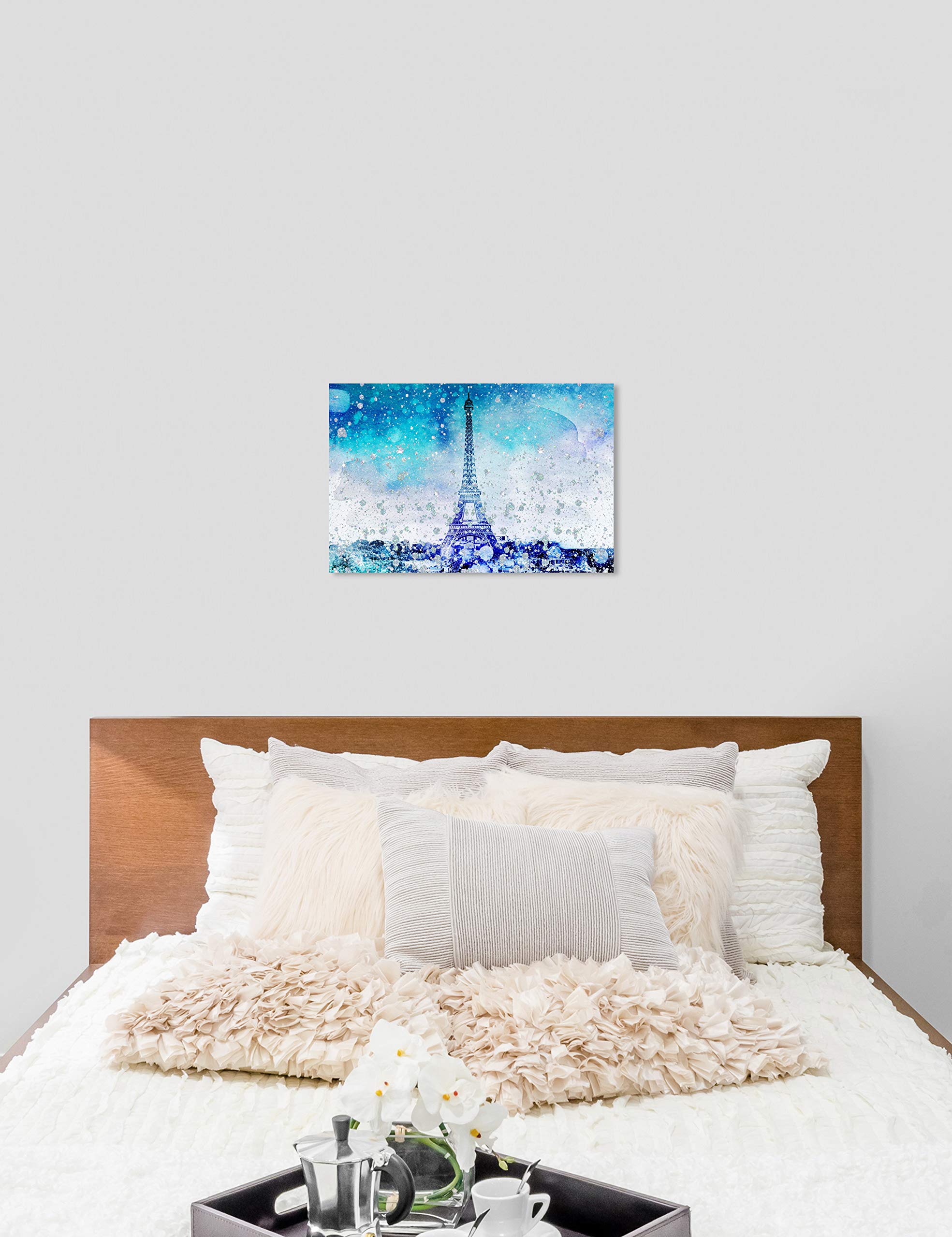 Oliver Gal Artist Co. Cities and Skylines Wall Art Canvas Print - Eiffel Glitter Blue Paris Landscape Painting - 30x20 Inch Modern Home Decor for Living Room, Bedroom & Office - White Framed Artwork