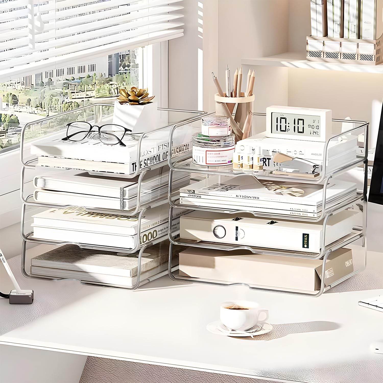 4-Tier Clear Stackable Paper Organizer for Desk - A4 File Storage Tray for Office Supplies, Documents & Mail - Perfect for Home Office, School & Workspace Organization