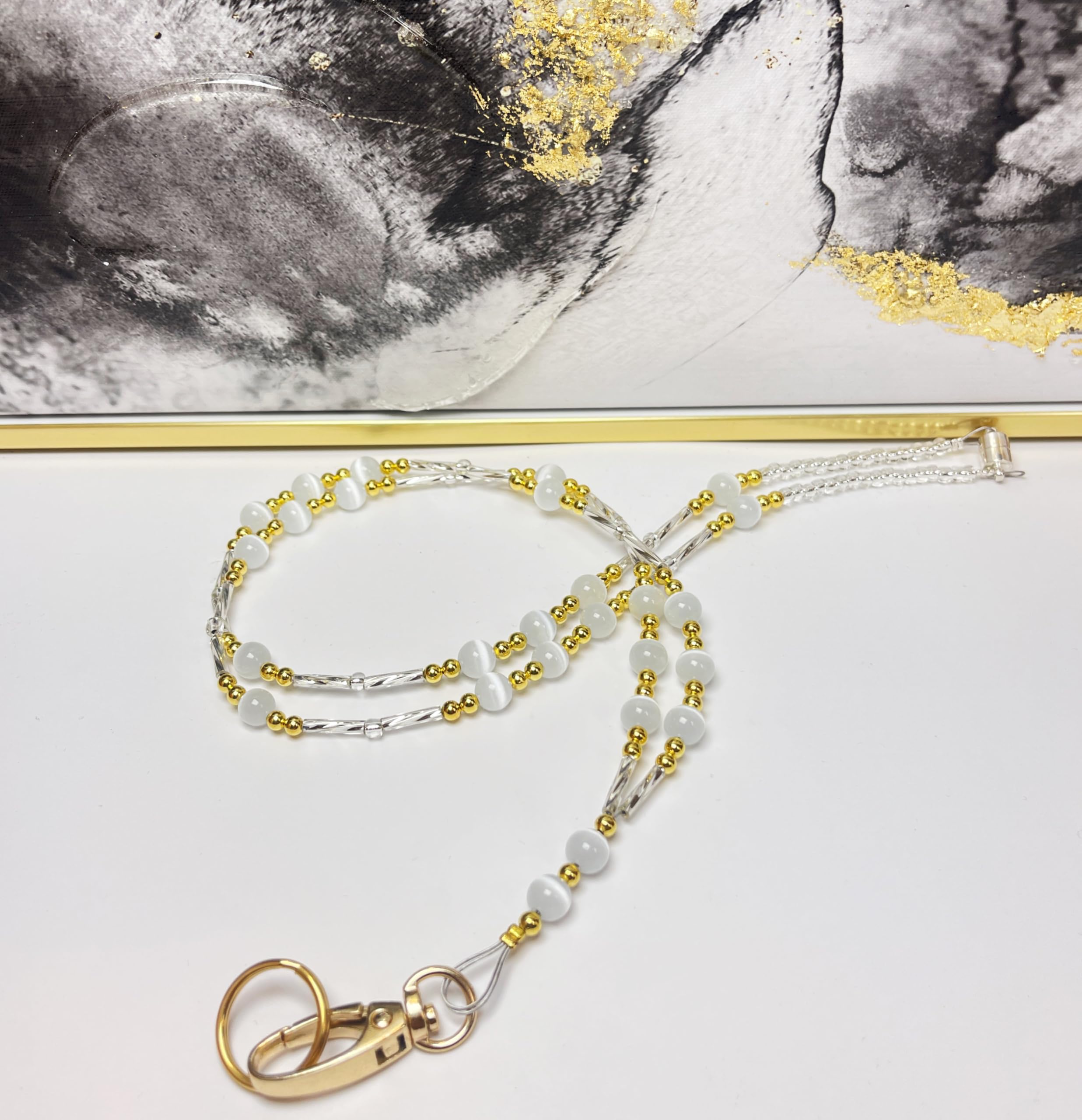 Women's Elegant Gold & White Beaded Lanyard - ID Badge Holder, Teacher Lanyard, Cruise Keychain, Phone Neck Strap - Perfect for Work, School, Travel & Events
