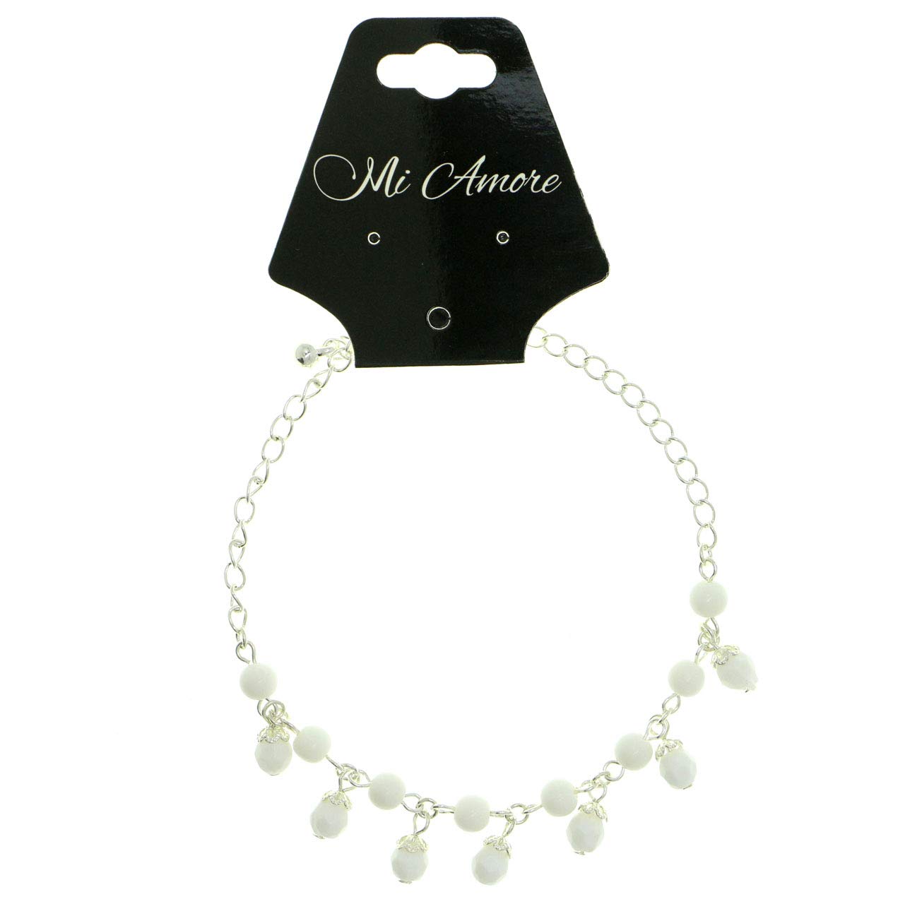 Mi Amore Silver-Tone Ankle Bracelet with White Bead & Faceted Charm Accents - Dainty Foot Jewelry for Women, Perfect for Beach Weddings, Summer Outfits and Boho Fashion (AN1344A-WHITE)