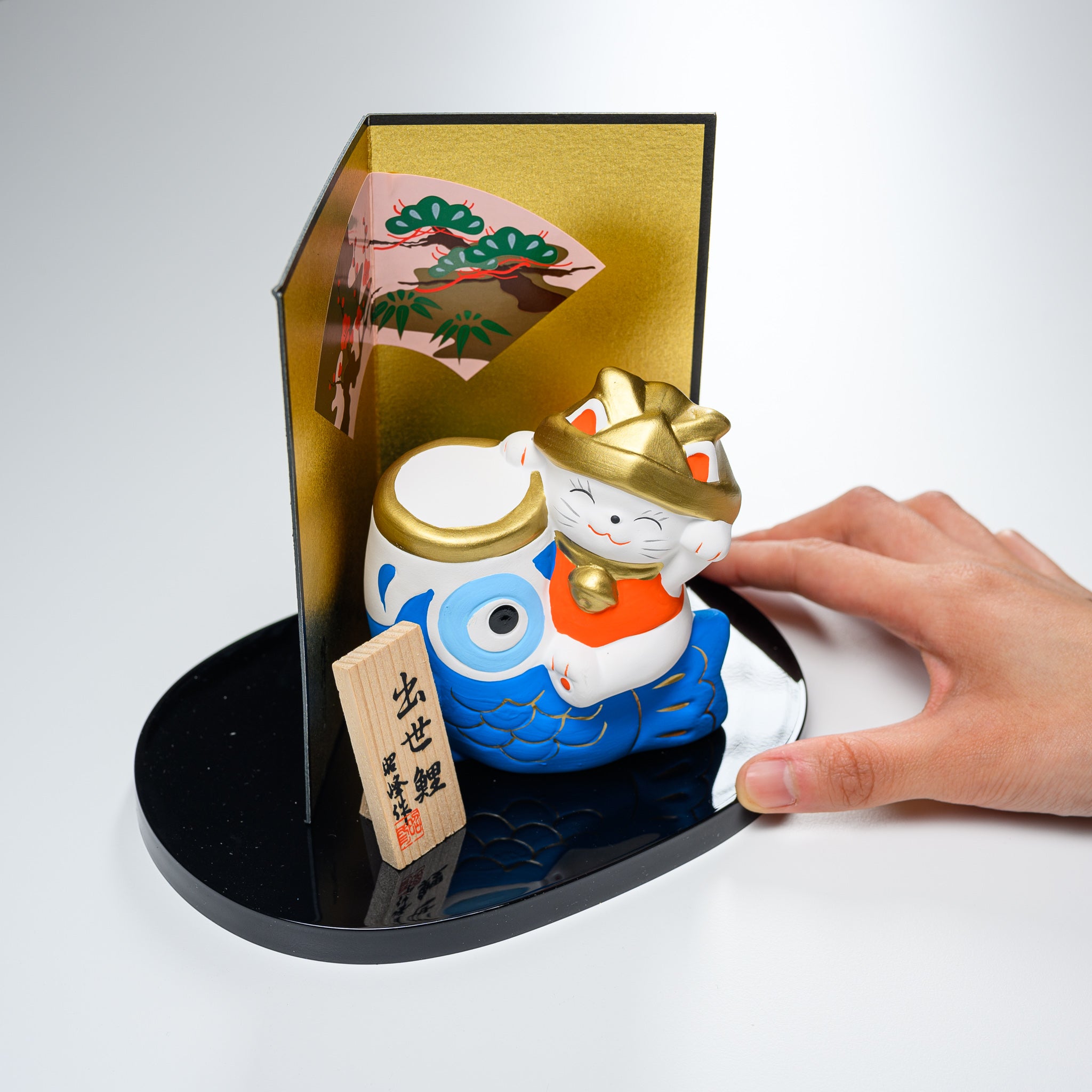 Japanese Seto Ware Lucky Cat with Rising Carp Ornament - Handcrafted Ceramic Fortune Charm for Home & Office Decor | Perfect for Gifts, Feng Shui, and Good Luck