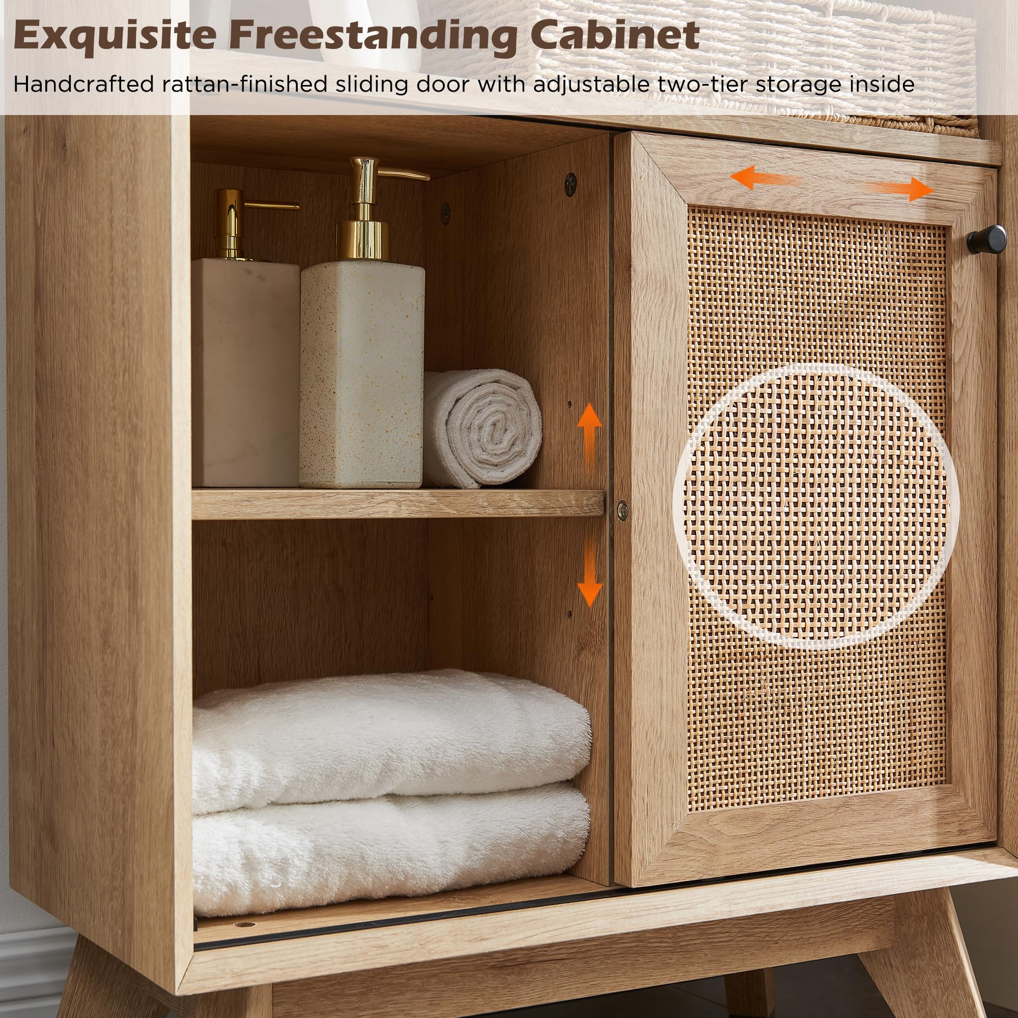 Natural Rattan Bathroom Cabinet with Sliding Door & 3 Drawers - Modern Boho Freestanding Storage for Bathroom, Kitchen, Dining Room - Perfect for Small Spaces, Vanity Organization & Home Decor
