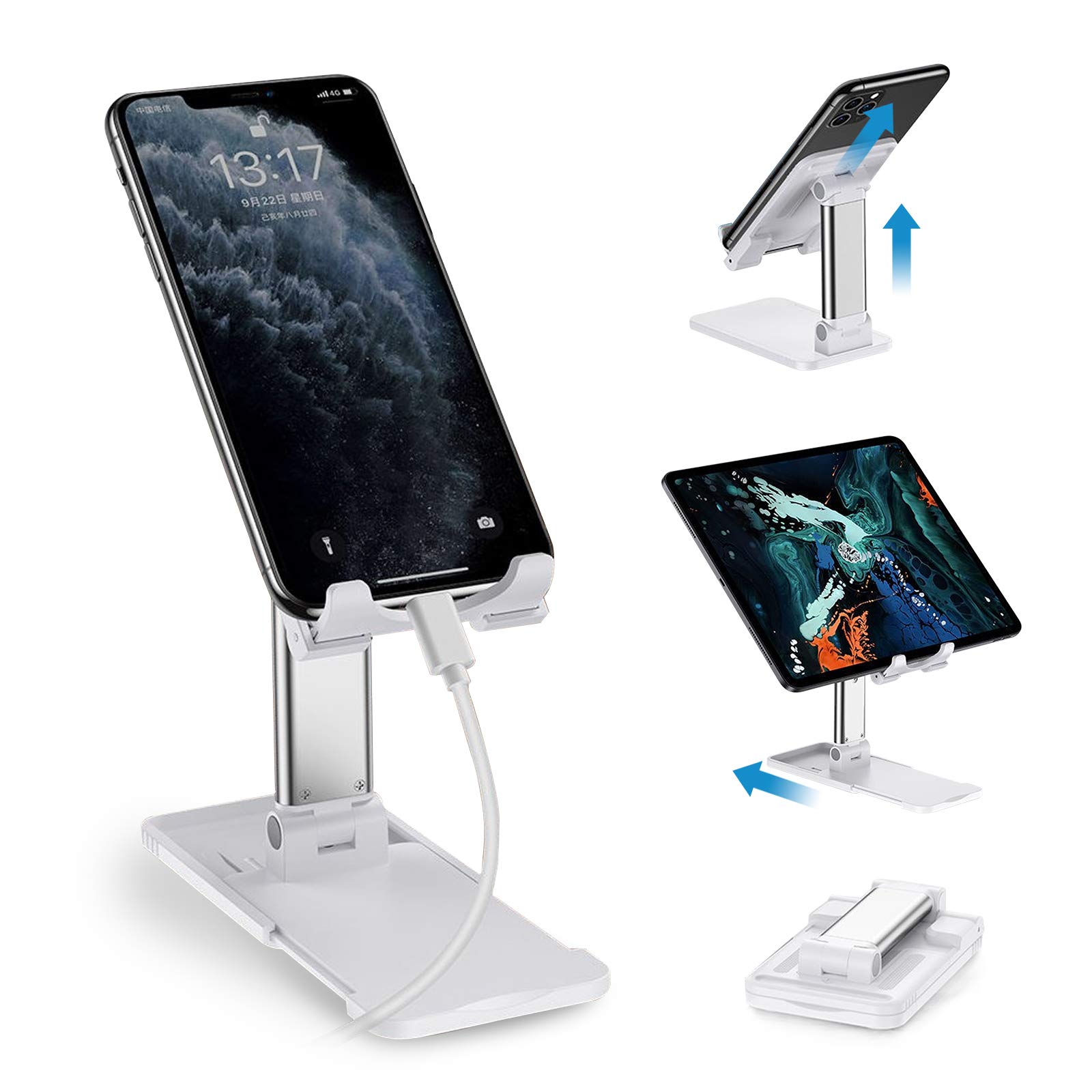 Foldable Aluminum Phone Stand for Desk - Adjustable Height & Angle, Anti-Slip Telescopic Design, Compatible with iPhone, iPad, Tablet, Kindle - Perfect for Office, Home, Watching Videos & Video Calls (White)