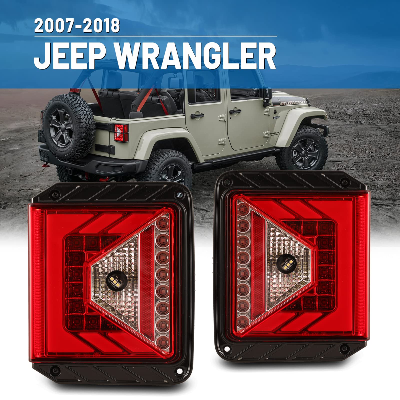 AUTOWIKI LED Tail Lights for 2007-2018 Jeep Wrangler JK & JKU - Black Housing with Red Lens - Direct Replacement Pair (Left & Right) - Enhance Visibility & Style for Off-Road Adventures & Night Driving