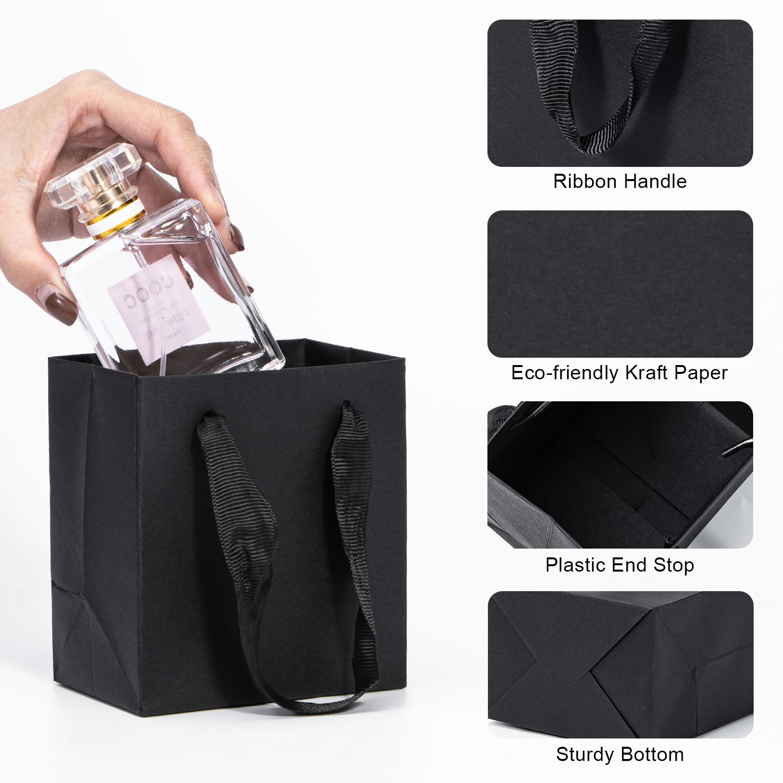 Katfort 50 Pack Mini Kraft Paper Gift Bags 4x2.75x4.5 Inches with Cotton Handle - Matte Black Small Gift Bags Bulk for Holiday Shopping, Wedding Favors, Birthday Party, Baby Shower & Christmas Gifts | Perfect for Candy, Jewelry, Cosmetics & Small Gift Packaging