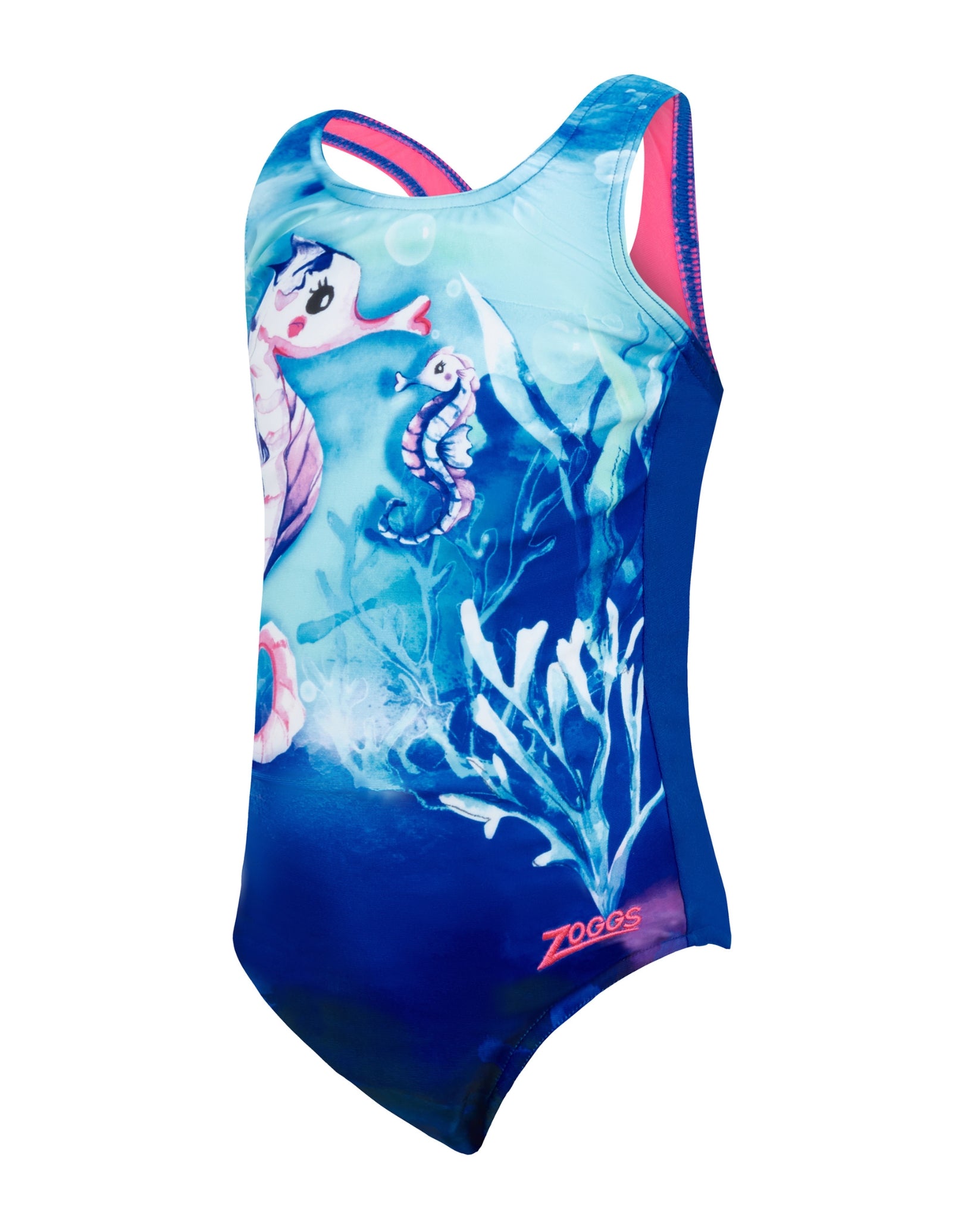 Girls' Sea Horse Print Actionback Swimsuit - Blue & Pink Two-Tone Design for Beach, Pool & Summer Water Activities