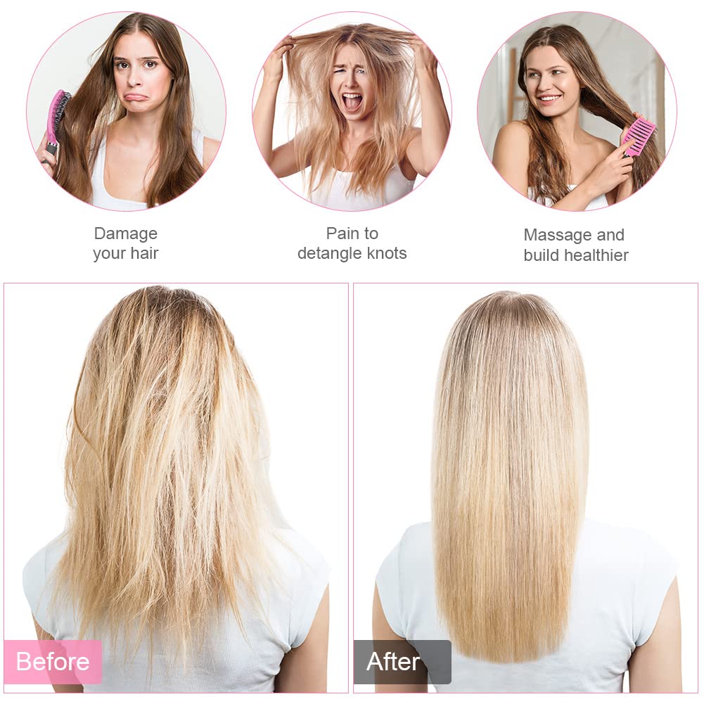 AOOWU Detangling Hair Brush for Long Thick Curly Hair - Soft Massage Paddle Hairbrush for Men & Women - Reduces Hair Breakage & Damage - Perfect for Daily Styling, Salon Use & Travel (Pink)