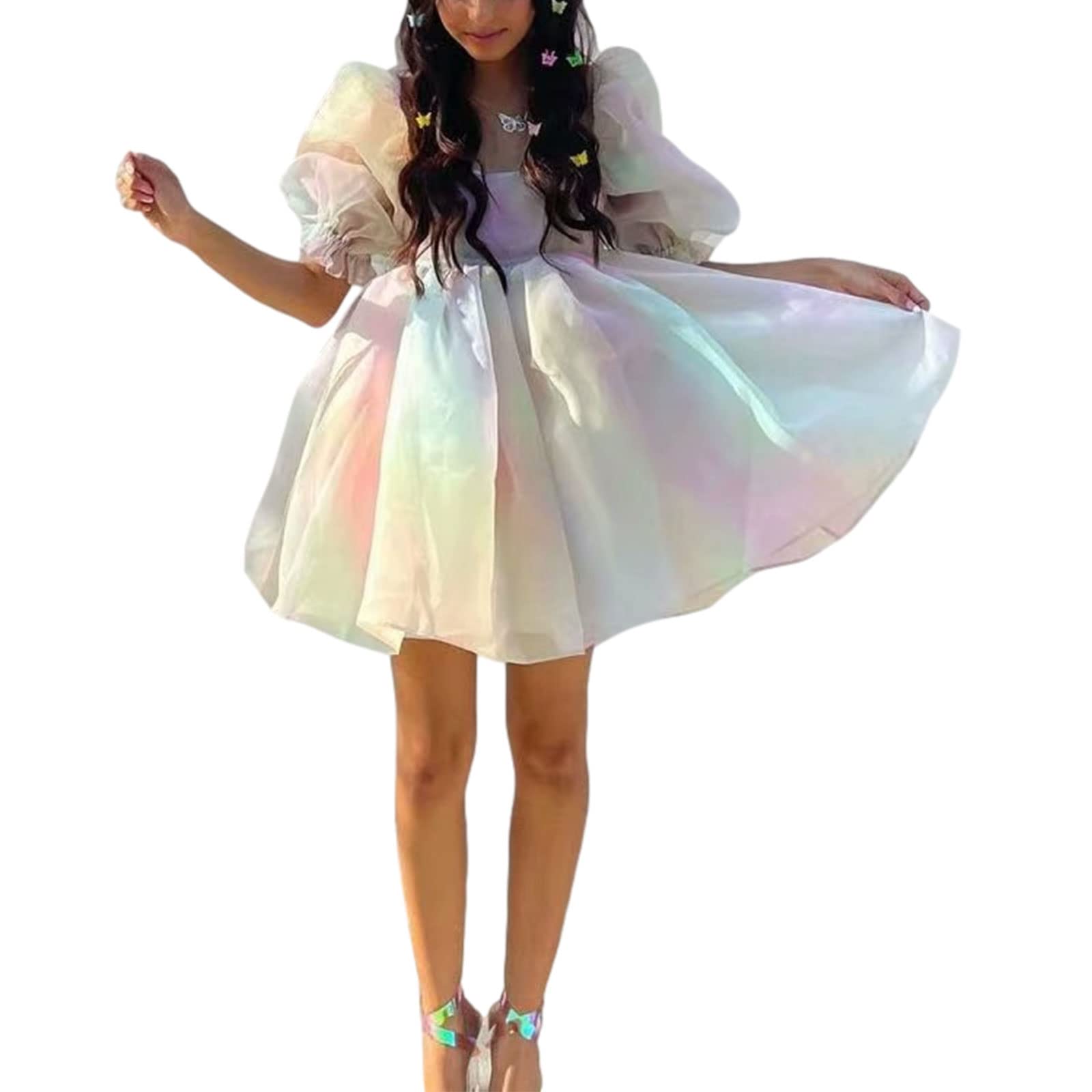 Elegant Women's Puff Sleeve Tulle Princess Dress - Square Neck Bubble Sleeve Mini Dress with Mesh Ruffle Details for Party, Prom, Wedding & Special Occasions