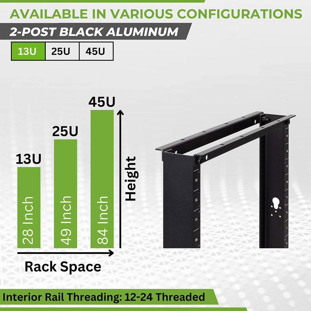 NavePoint 13U 2-Post Open Frame Server Rack - 19 Inch Equipment Rack for AV, Networking, Data & IT Devices - 661lbs Weight Capacity - Black - Perfect for Data Centers, Server Rooms & Office IT Installations