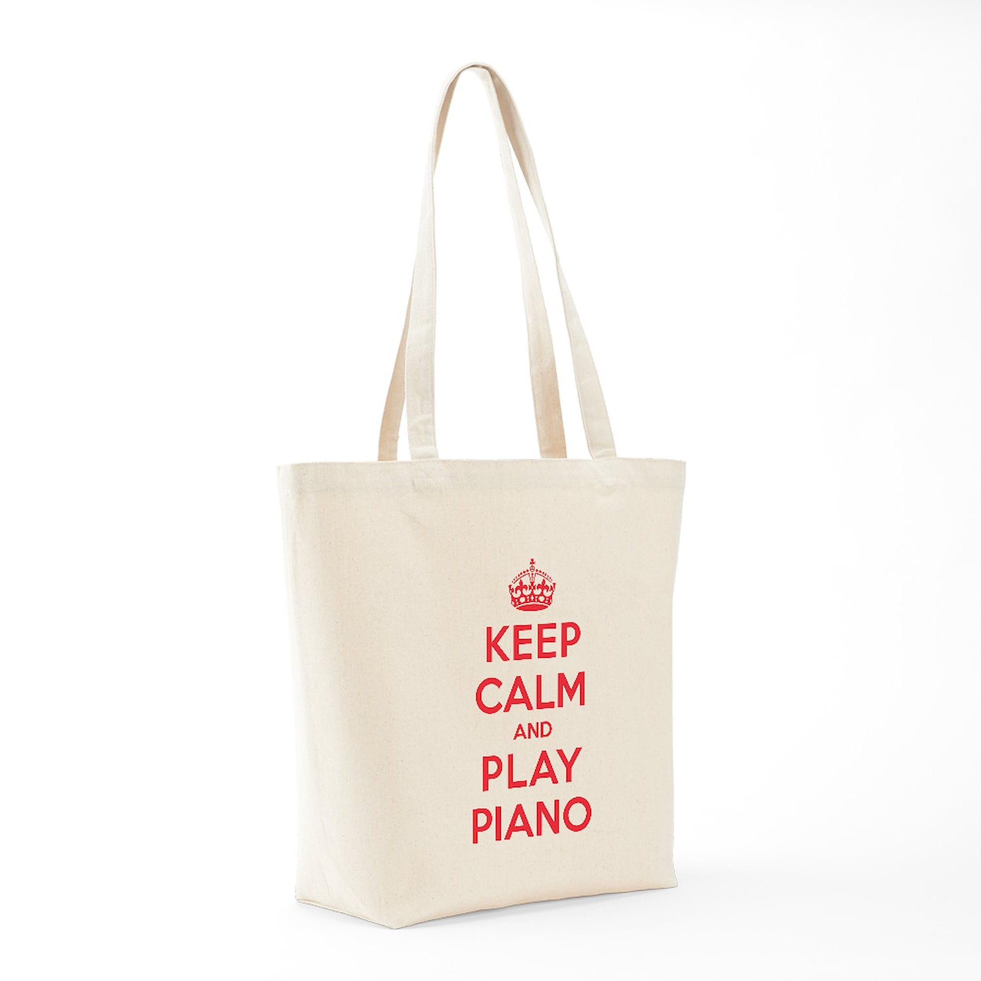 Keep Calm Play Piano Tote Bag - Natural Canvas Reusable Shopping Bag for Musicians, Piano Teachers & Students - Perfect for Music Lessons, Groceries & Beach Trips