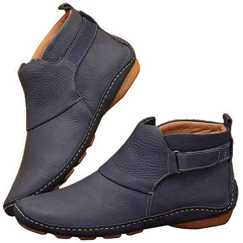 EaGo Women's Adjustable Soft Leather Booties - Comfortable Casual Low Heel Boots for Daily Wear | Warm Thick PU Leather Shoes for Women | Perfect for Office, Shopping & Outdoor Activities
