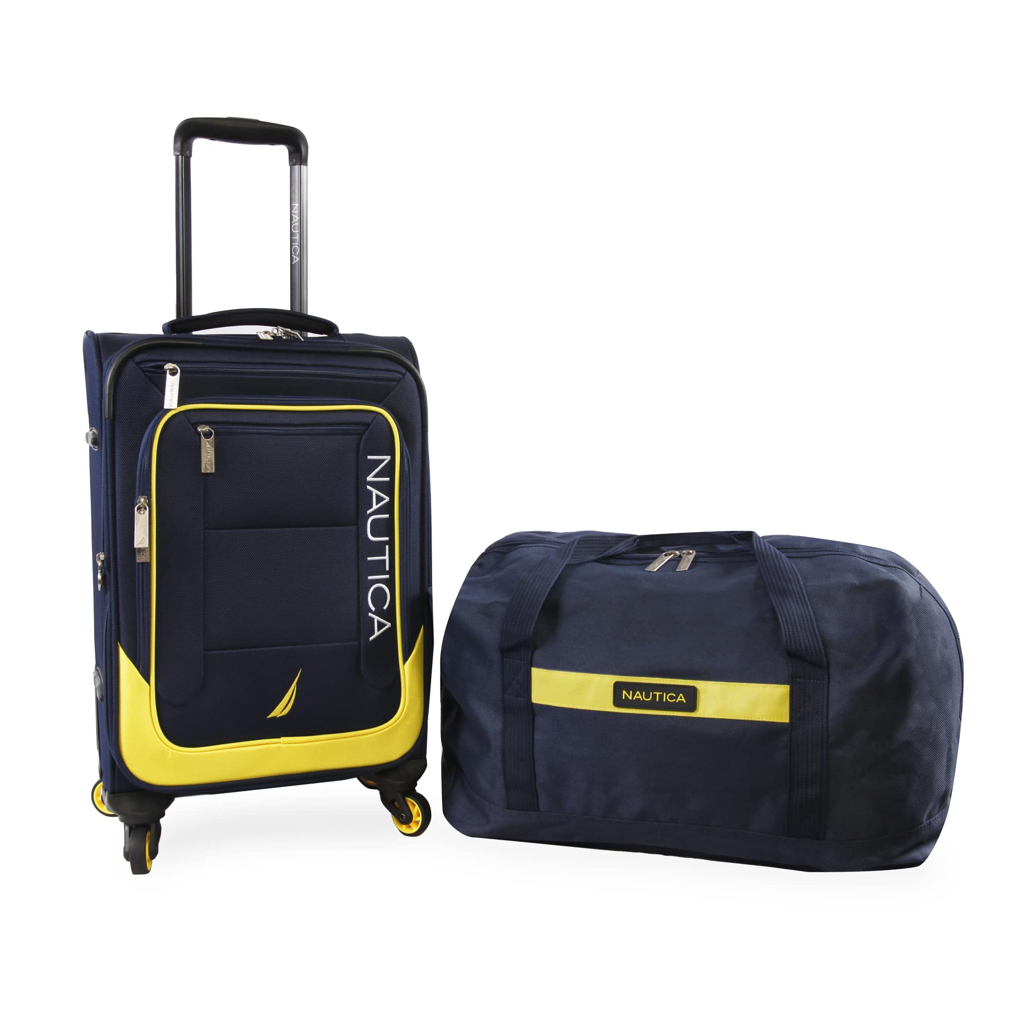 NAUTICA Pathfinder 2-Piece Softside Luggage Set in Navy/Yellow - Lightweight Spinner Suitcase for Travel & Business Trips