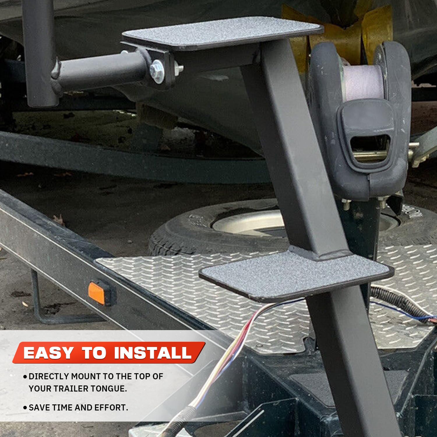 Dual Step Bass Boat Trailer Ladder - Folding Boat Steps with Anti-Slip Grip Tape for Most Bass Boats & Trailers - Non-Slip Surface (2 Steps) - Perfect for Easy Boarding & Fishing Access