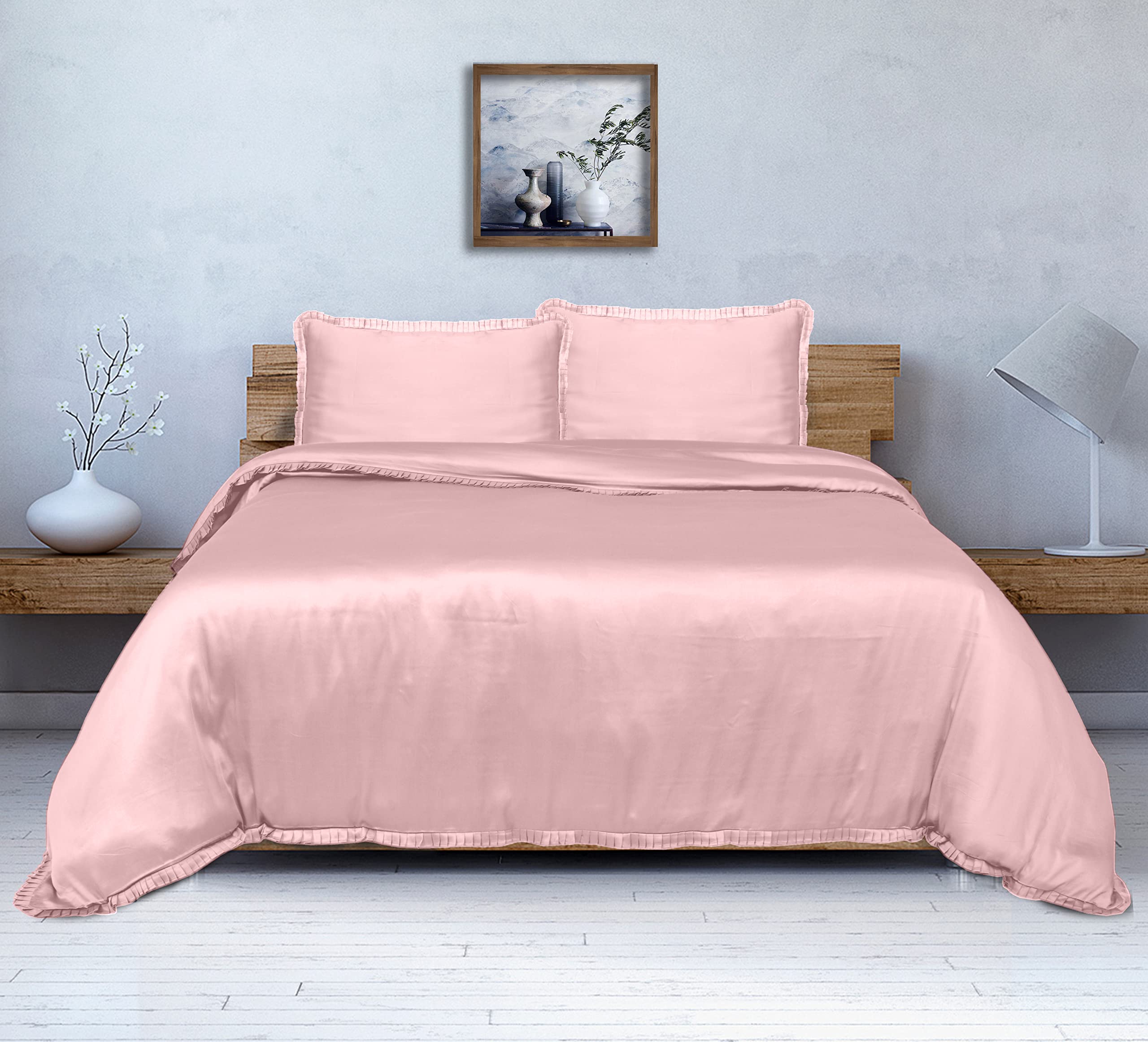 Organic Bamboo Core Bedding Set with Designer Pleats Border & Zipper Closure - 4 Piece Set (1 Duvet Cover, 1 Fitted Sheet, 2 Pillowcases) - 100% Natural Silk Soft - California King Size - Pink - Luxury Eco-Friendly Bedding for Master Bedroom & Guest Room