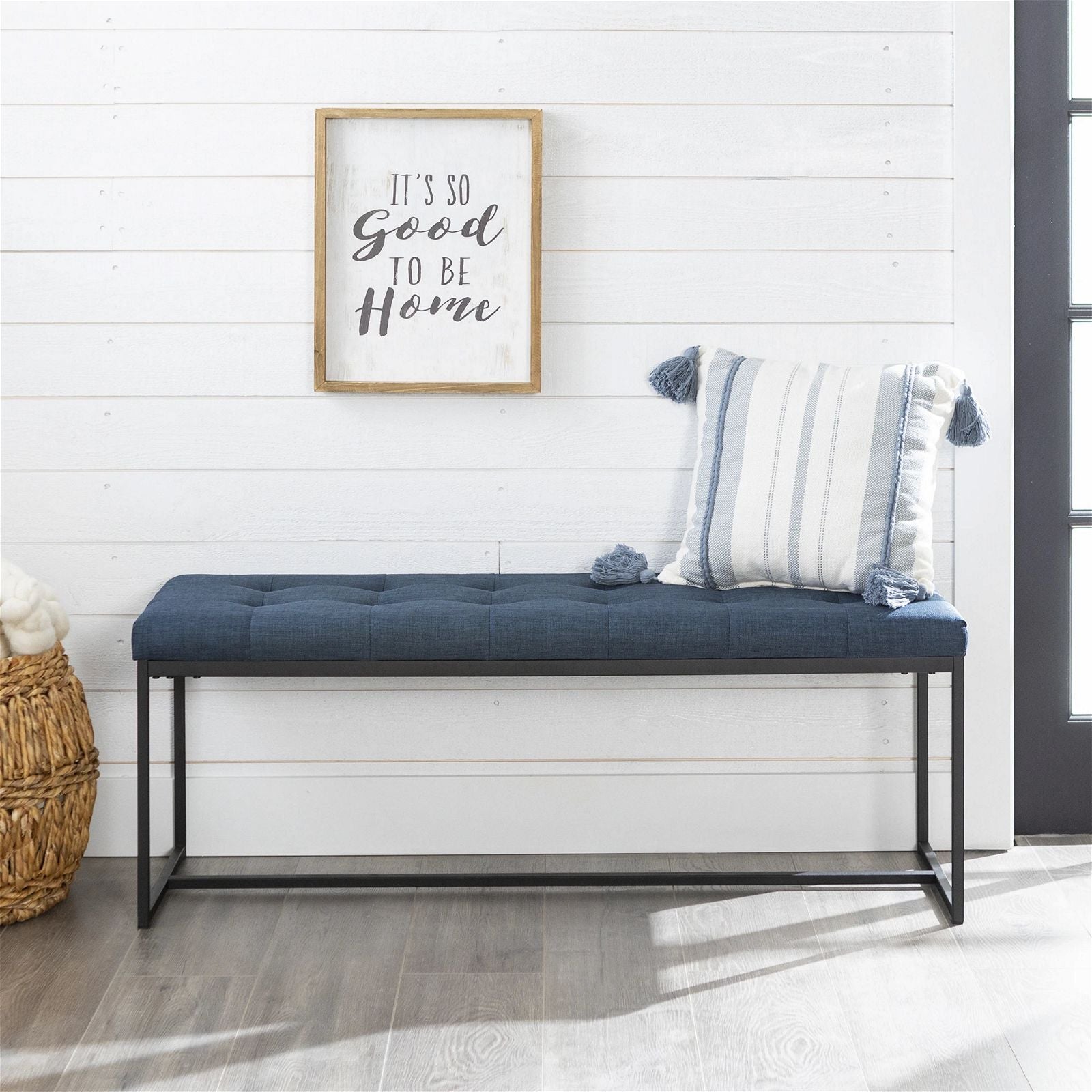 Woodstockâ¢ Blue Fabric Relax Bench with Sturdy Black Metal Frame - Perfect for Patio, Garden, or Entryway Seating