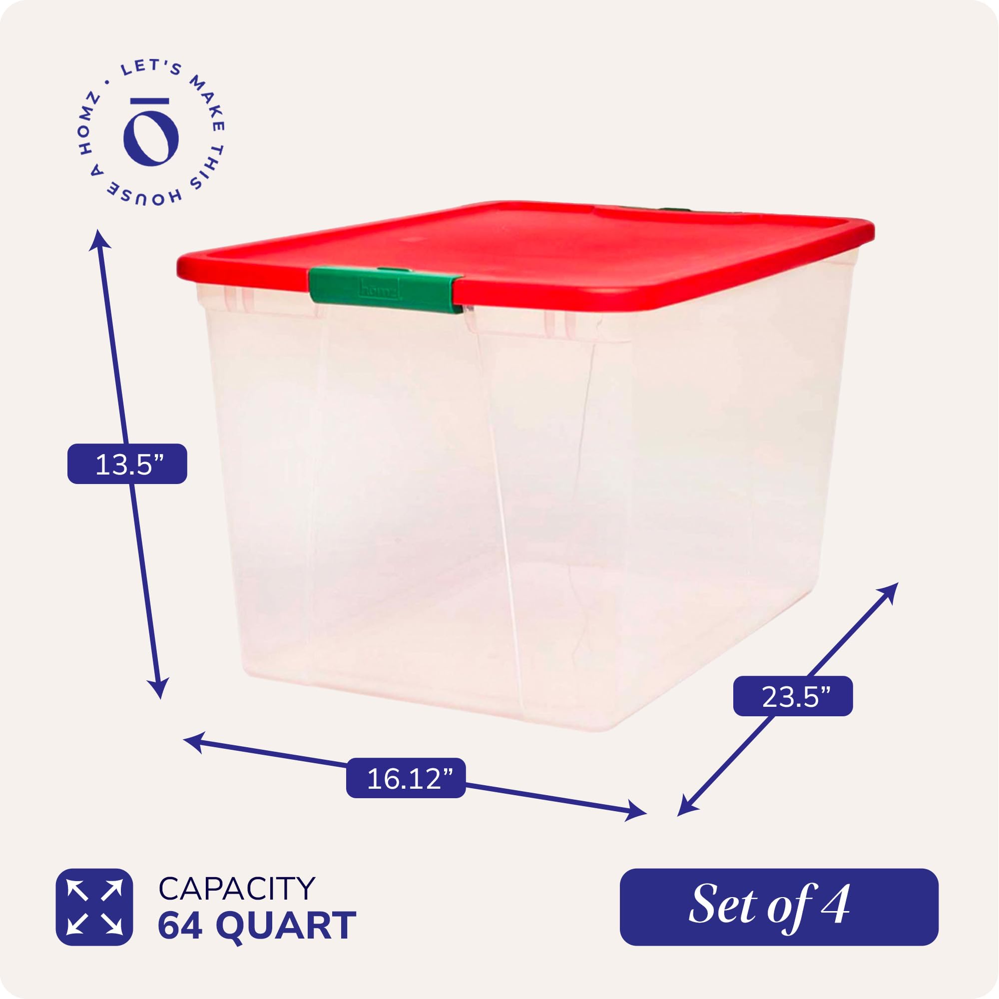 HOMZ 4-Pack 64 Quart Clear Plastic Storage Bins with Secure Red Lids - Stackable Organizer Containers for Home, Office, Garage & Closet Organization