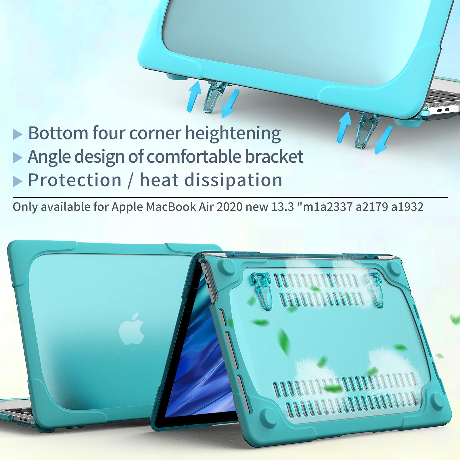 Shockproof MacBook Air 13 Inch Case (2021-2018 Models A2337 M1 A2179 A1932) - Heavy Duty Hard Shell with Kickstand & Keyboard Cover, Touch ID Compatible - Turquoise - Perfect for Travel, Office & School Use