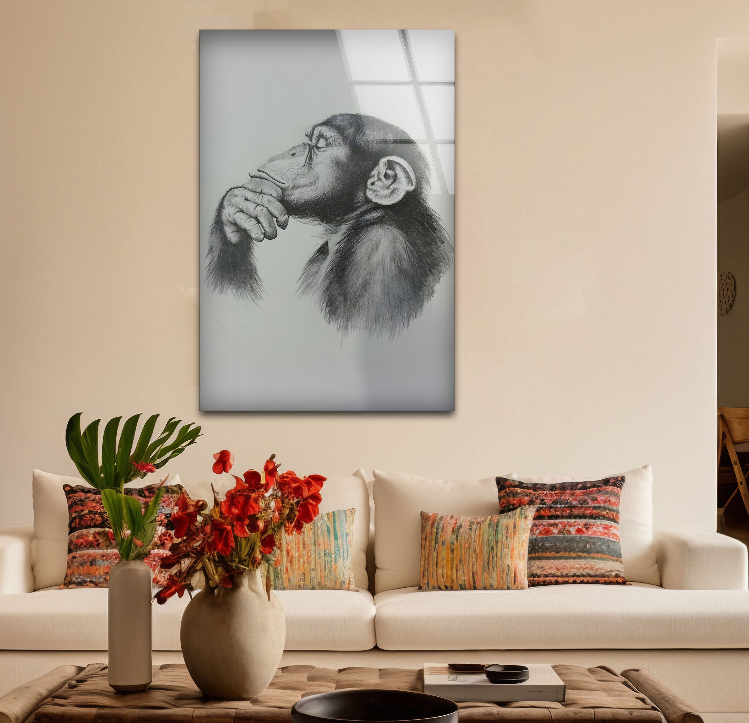 Black and White Monkey Drawing Glass Wall Art - Elegant Home Decor for Living Room, Bedroom, or Office