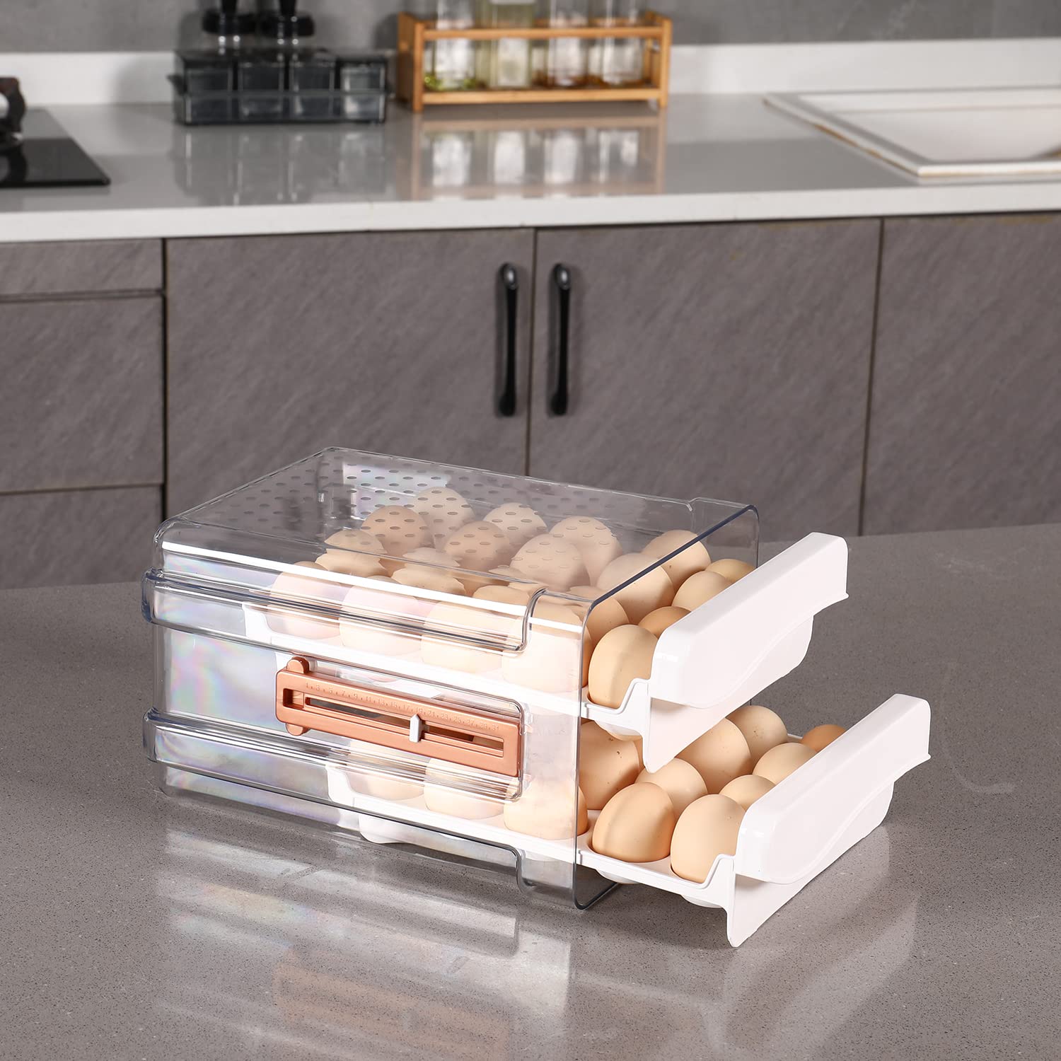 Sooyee 40-Capacity Refrigerator Egg Storage Container - 2 Transparent Drawers White Fridge Organizer | Perfect for Kitchen, Pantry & Farm Fresh Egg Storage