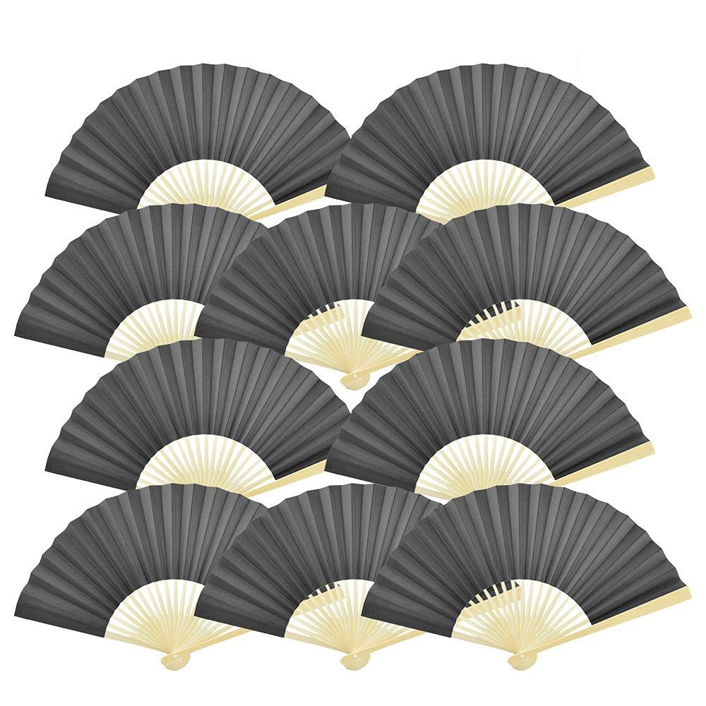 Quasimoon 9-Inch Premium Black Paper Hand Fans - 10-Pack for Wedding Favors, Party Decorations, Bridal Shower Gifts & Summer Cooling Accessories - Perfect for Outdoor Events, Beach Weddings, and Home Décor