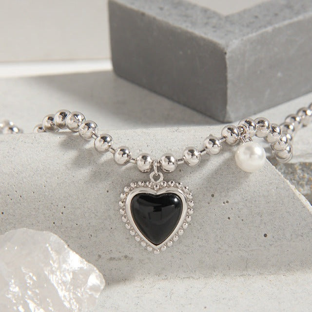 Silver Bead Black Puffed Heart Bracelets for Women - Trendy Adjustable Charm Bangle for Valentine's Day, Anniversary, Party & Everyday Wear | HB585