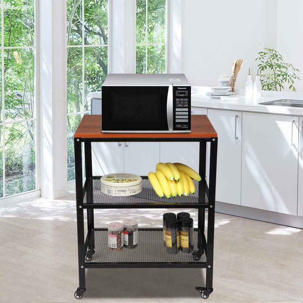 Microwave Cart with Storage Shelf - Rolling Kitchen Organizer for Toaster Oven, Coffee Maker & Small Appliances - Space-Saving Brown Stand for Small Apartments & Dorm Rooms