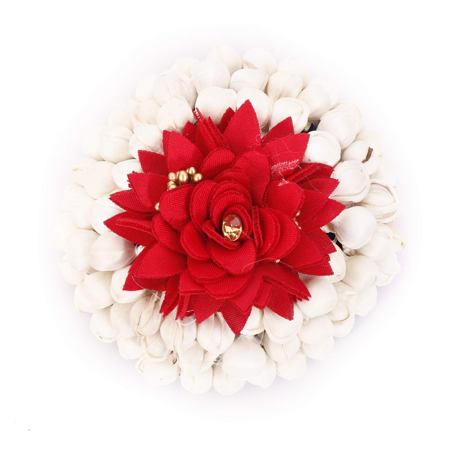 Shivarth Hair Bun & Mogra Flower Gajra - White Mogra Petals with Red Stone & Bead Work Rose Flower Hair Accessory for Women & Girls | Perfect for Weddings, Parties & Traditional Indian Hairstyles