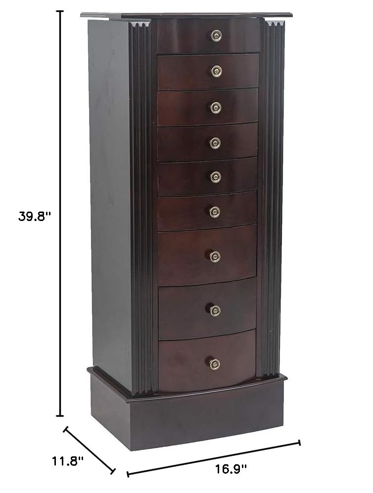Wooden Jewelry Armoire Cabinet with 8 Drawers & Makeup Mirror - Free Standing Jewelry Organizer for Necklaces, Rings, Bracelets, Earrings & Cosmetics - Dark Brown Storage Chest for Bedroom, Closet & Dressing Room