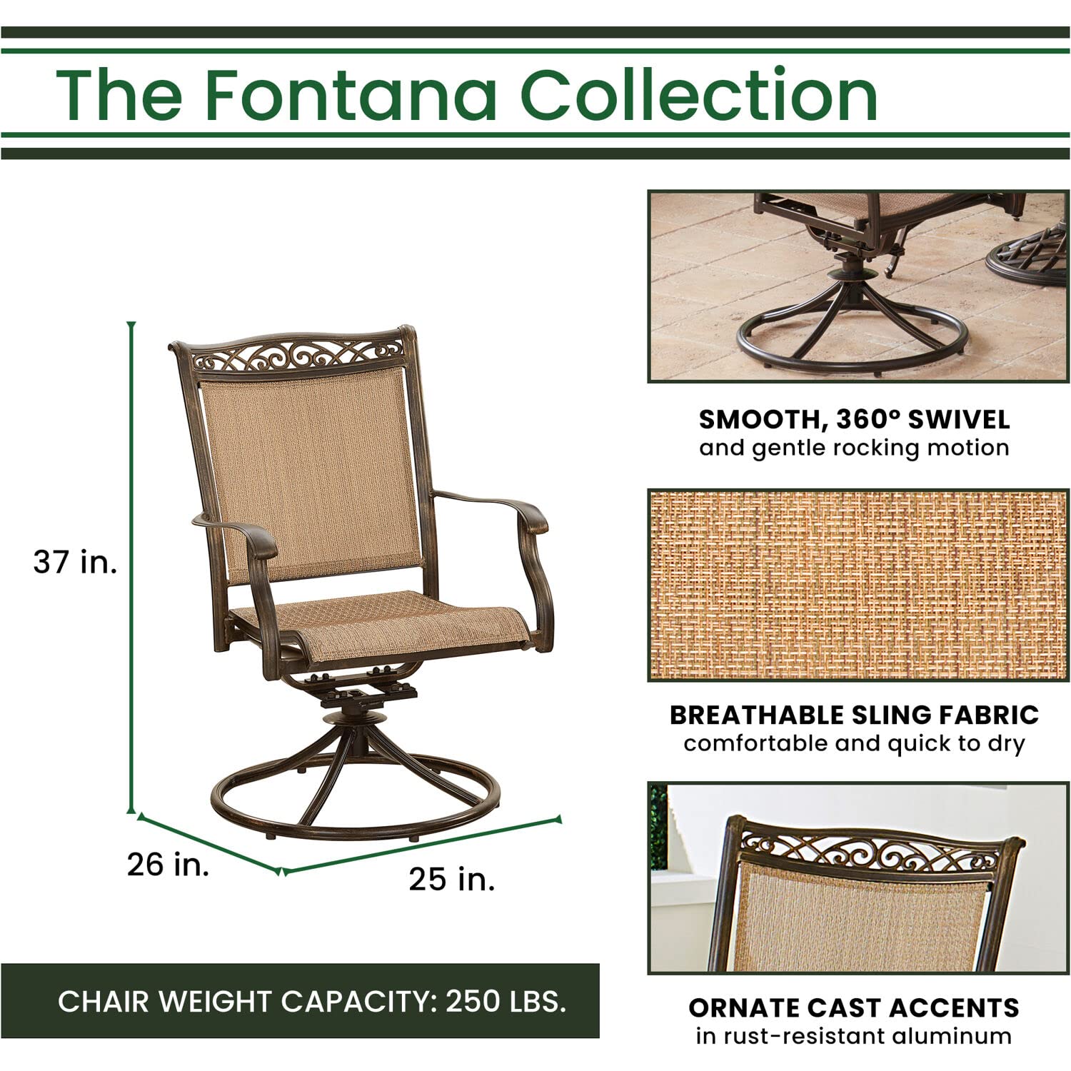 Hanover Fontana 5-Piece Outdoor Dining Set with Tan PVC Sling Swivel Rocker Chairs & 47