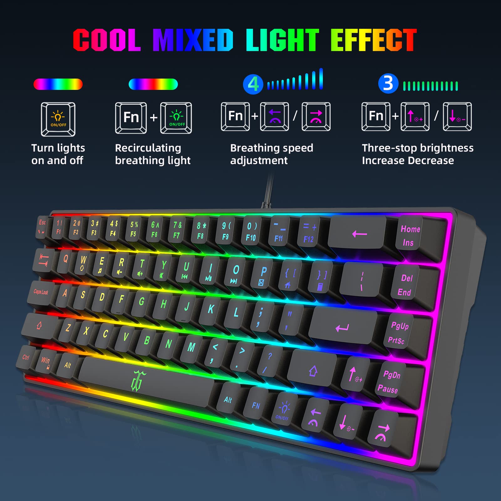 SNPURDIRI 60% Compact Gaming Keyboard - Rainbow Backlit 68-Key Mini Membrane Keyboard for PC Gamers | Ergonomic Design for Windows Computers | Perfect for Esports, Office Work & Home Gaming Setup
