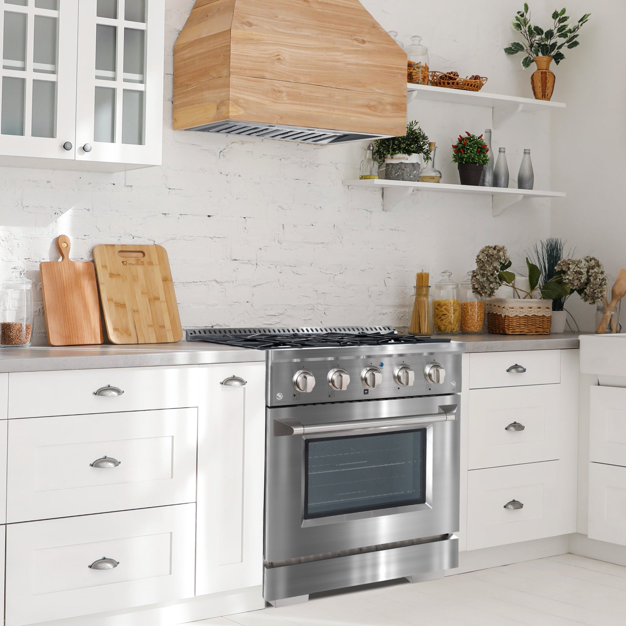 Ancona 2-Piece 30 Inch Gas Range with Convection Oven & 600 CFM Ducted Range Hood - Professional Kitchen Appliance Set for Home Chefs & Cooking Enthusiasts