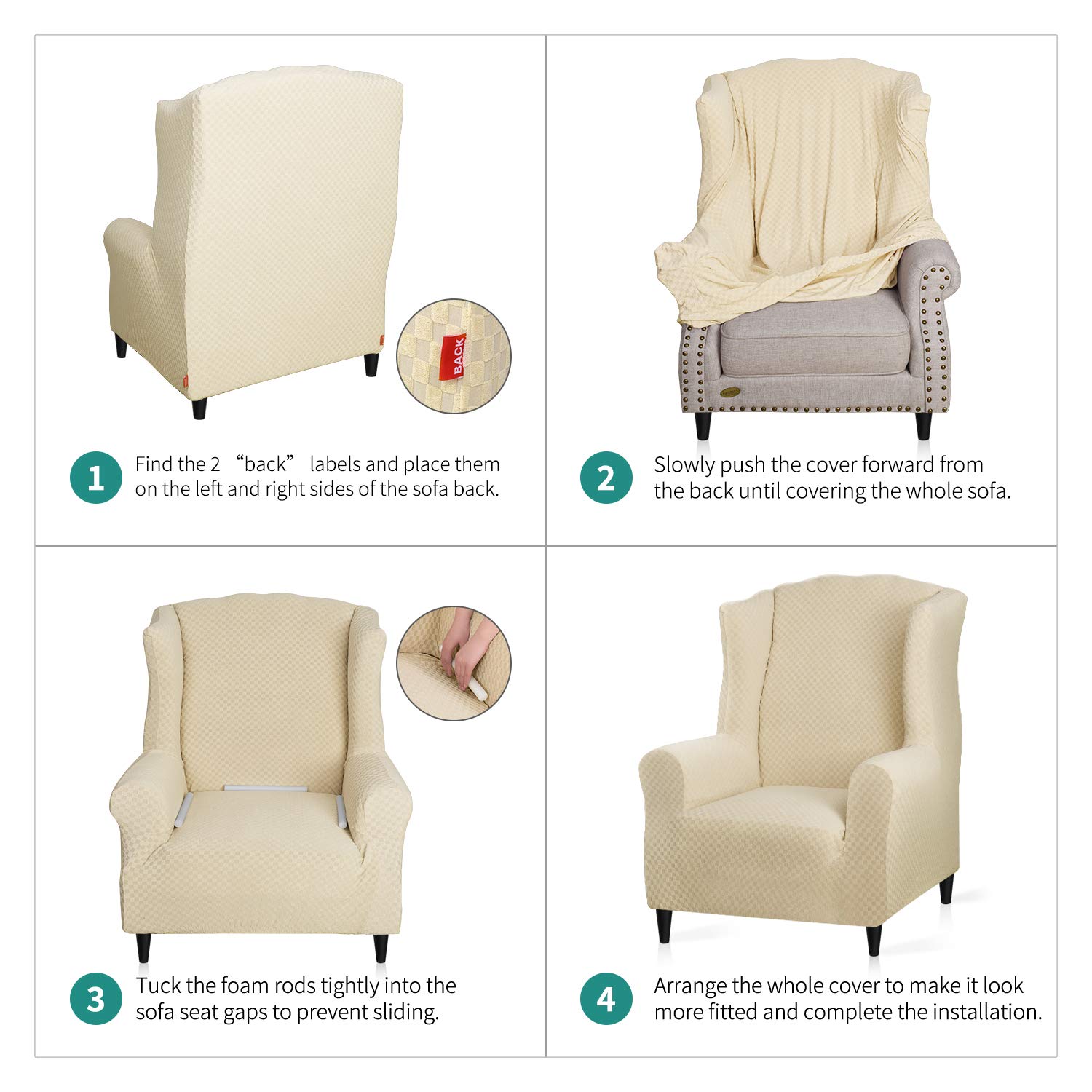 YEMYHOM Stretch Wingback Chair Slipcover - Jacquard Design Wing Chair Cover with Non-Slip Foam Rods, Furniture Protector for Living Room, Bedroom, Office - Beige (Fits Most Wingback Chairs) | Easy to Install & Wash, Perfect for Home Decor & Pet Protection