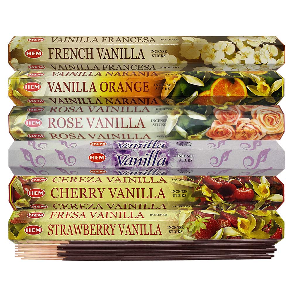 Premium Hem Incense Sticks Variety Pack #18 - 6 Vanilla Fragrance Sticks with Free Incense Holder | Aromatherapy, Meditation, Yoga & Home Relaxation