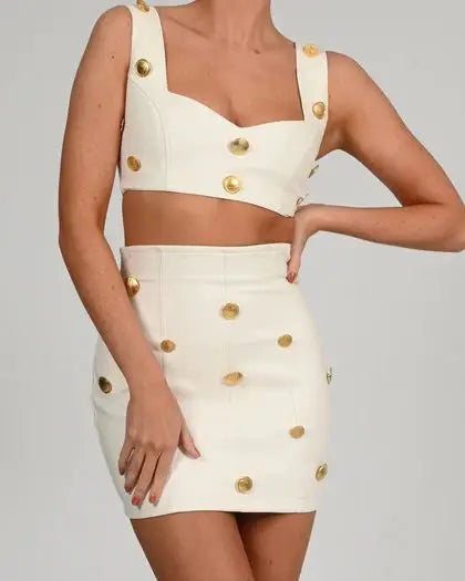 2023 New Summer Beige Color Golden Buttons Short Tank Top And Mini Skirt Set 2 Pieces Hotsweet Woman Evening Party Outfit | Casual Beachwear & Summer Date Night Outfit for Women
