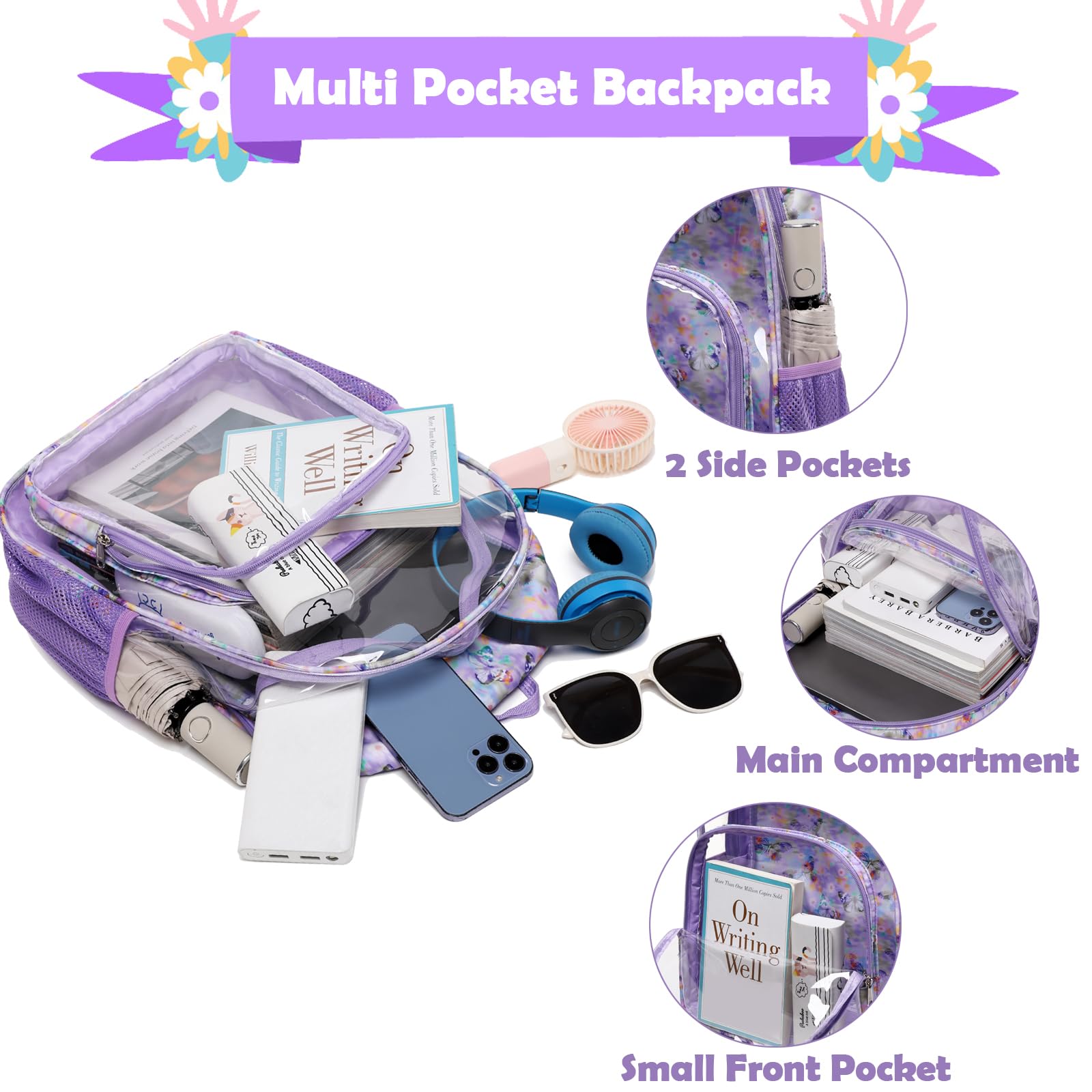Kimwadalh Clear Backpack for Girls - Purple Butterfly TPU Transparent School Backpack, Heavy Duty See-Through Bookbag for College, Work, Security & Travel | Perfect for School, Concerts, Stadium Events & Airport Security