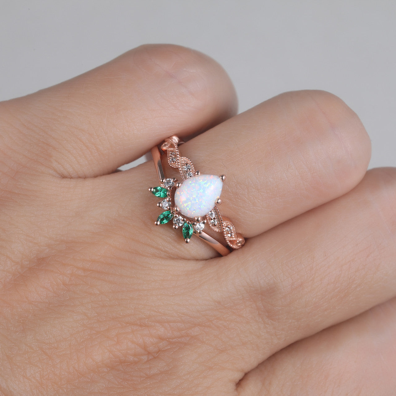 Opal Ring Set for Women - Pear Cut Opal Engagement Ring with Emerald Diamond Matching Band in Rose Gold | Wedding, Anniversary & Special Occasion Jewelry Gift