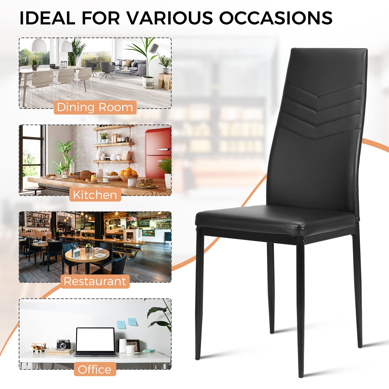 ERGOMASTER Modern Dining Chairs Set of 4 - Black PVC Upholstered Leather Padded Side Chairs with Sturdy Metal Legs & Non-Slip Feet for Dining Room, Kitchen, Living Room & Office