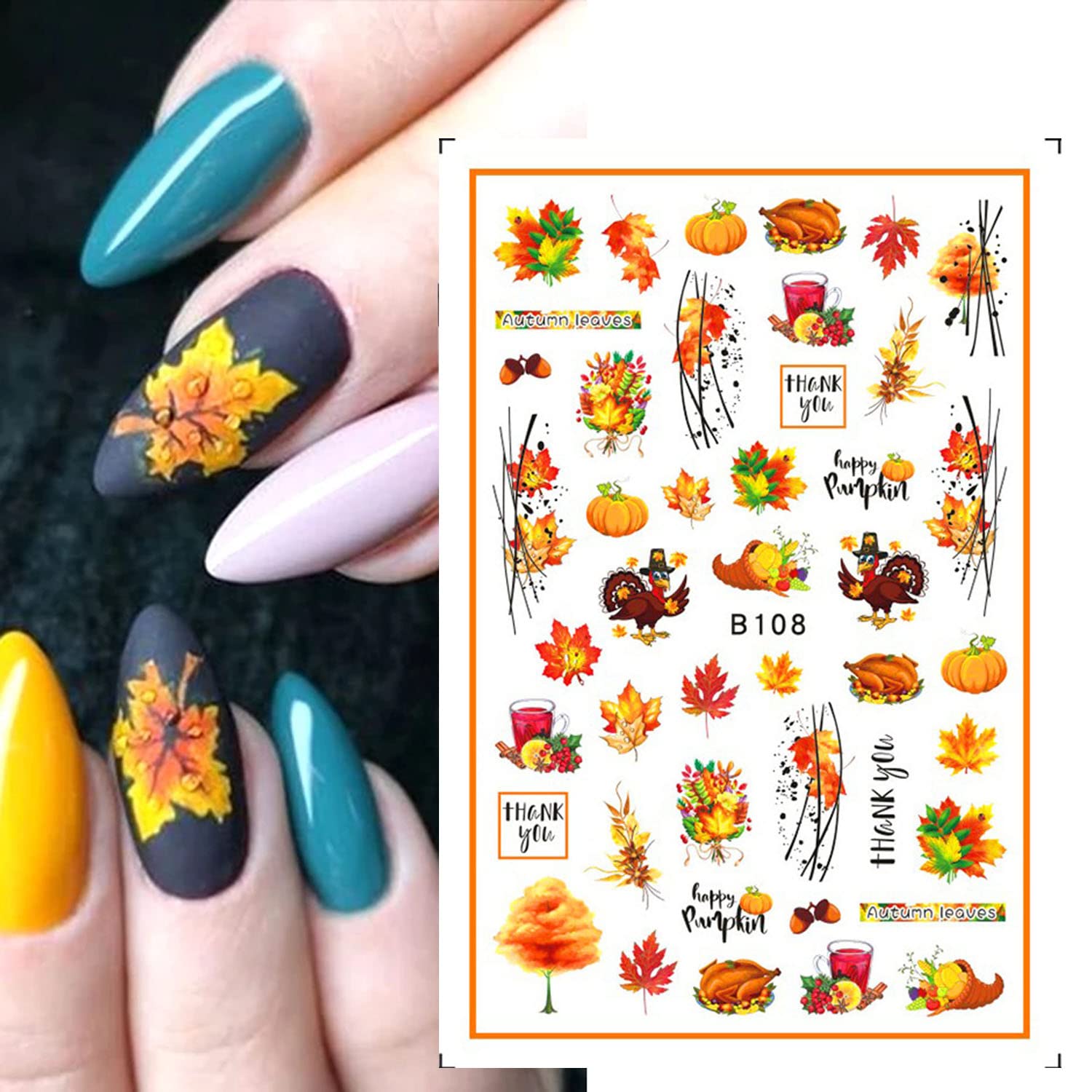 Fall Nail Art Stickers - 10 Sheets Maple Leaf & Pumpkin 3D Self-Adhesive Nail Decals for Autumn & Thanksgiving - DIY Manicure Decorations for Women | Perfect for Halloween, Thanksgiving Parties & Seasonal Nail Art