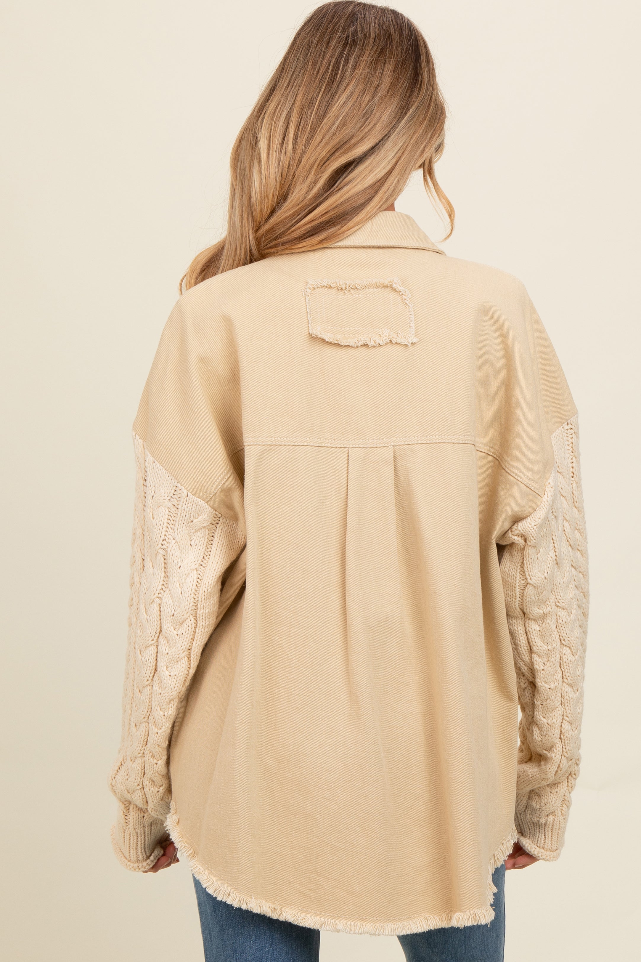 Beige Denim Cable Knit Contrast Maternity Jacket for Women - Cozy Winter Pregnancy Coat with Stylish Details | Perfect for Casual Outings, Baby Showers & Photo Shoots