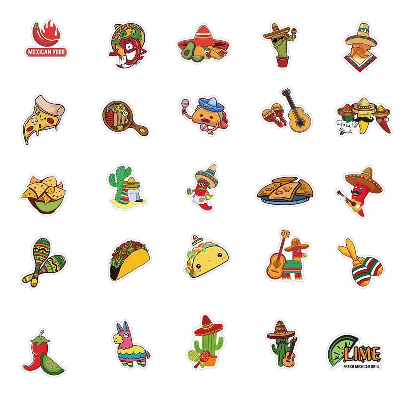 50pcs Mexican Food Stickers - Waterproof Vinyl Taco Stickers for Boys & Teens - Perfect for Laptops, Water Bottles & School Supplies