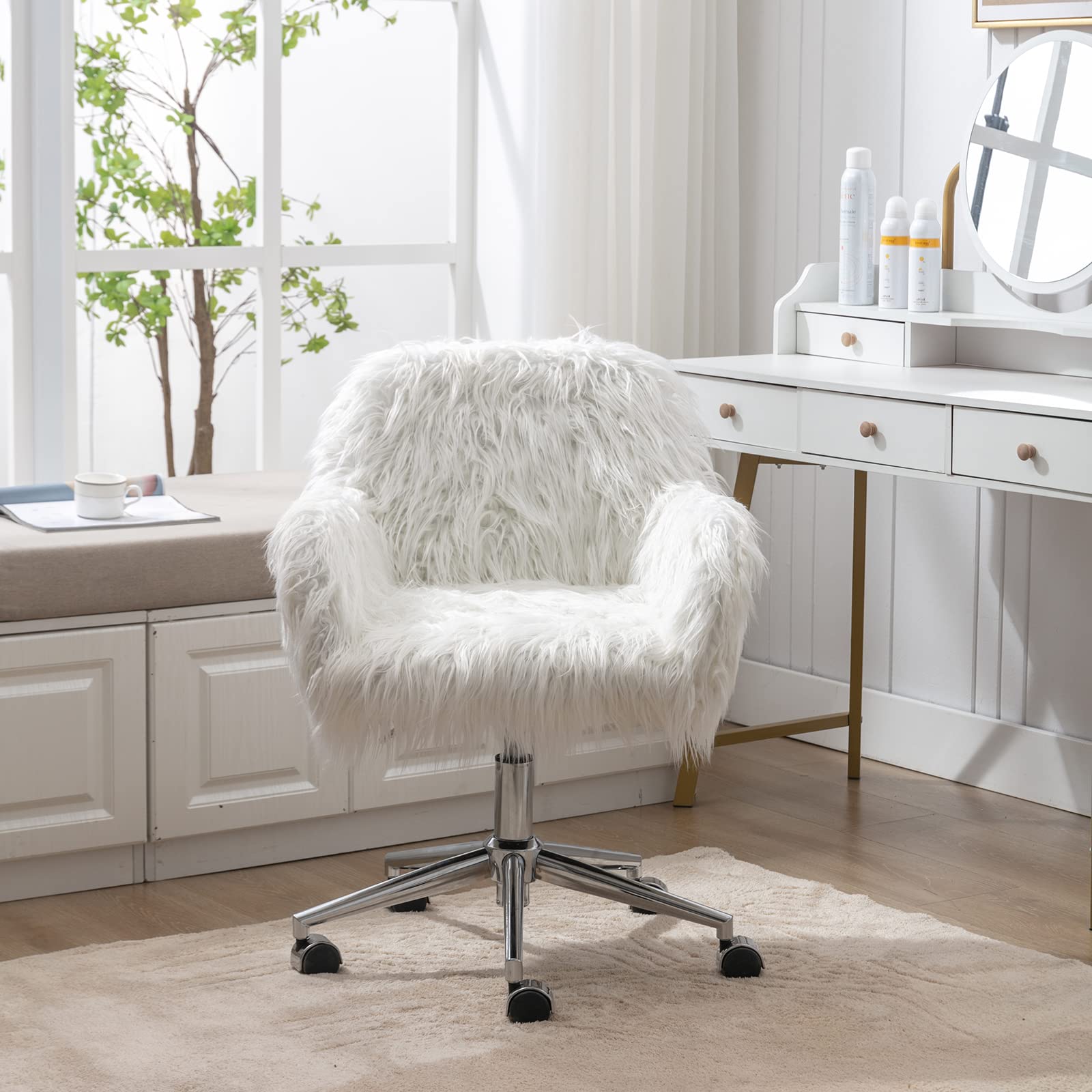 White Faux Fur Desk Chair with Wheels - Modern Adjustable Swivel Vanity Chair for Women & Girls, Ergonomic Office Task Chair with Arms - Perfect for Home Office, Bedroom, and Makeup Station (White)