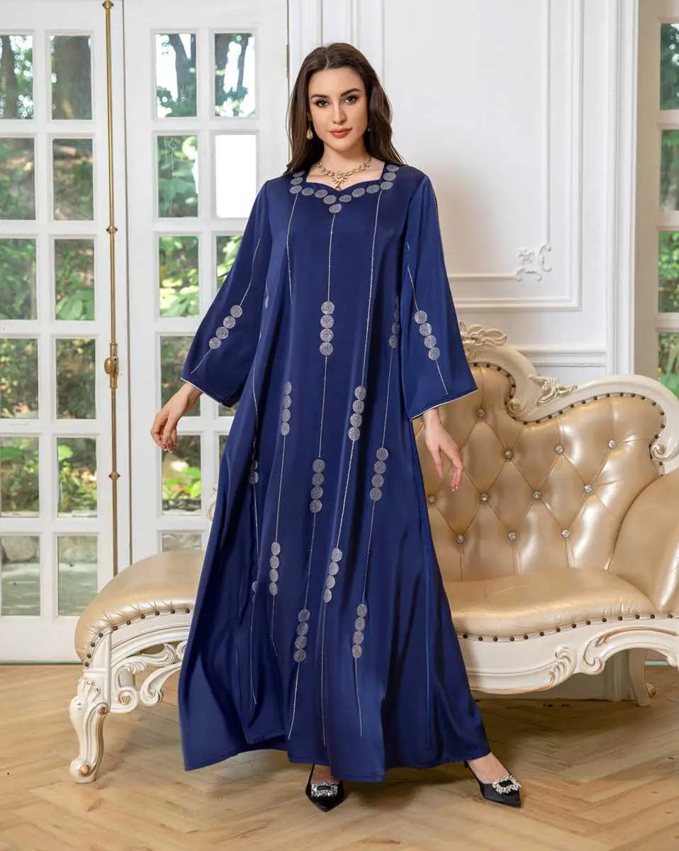 Elegant Hotfix Rhinestone Satin Jalabiya Caftan Dress for Women - Perfect for Eid Celebrations, Weddings & Special Occasions