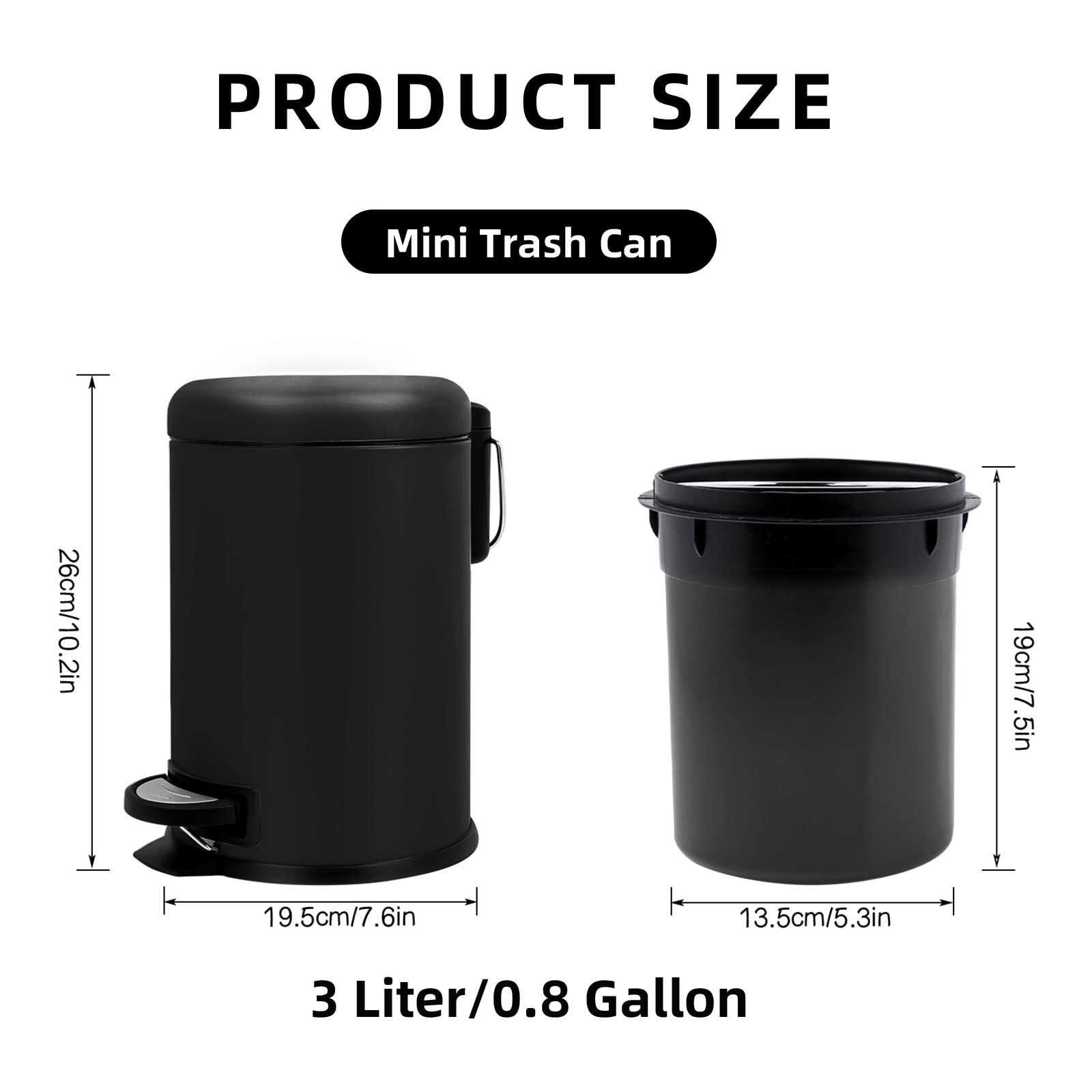 Small Foot Pedal Trash Can 0.8 Gallon - Soft Close Lid Stainless Steel Bathroom Waste Bin with Removable Inner Basket - Perfect for Vanity, Bedroom, Office & Kitchen Use