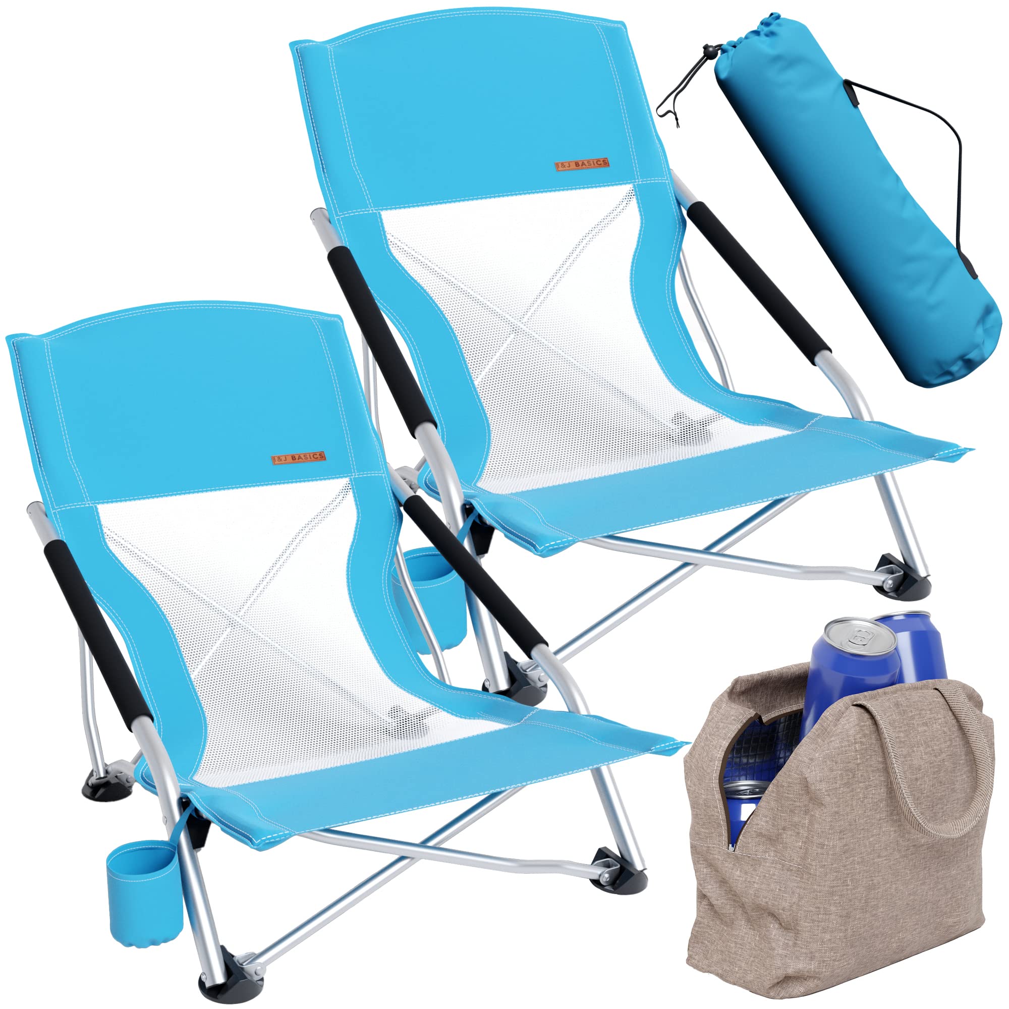 I&J BASICS 2 Pack Lightweight Folding Beach Chairs for Adults - Heavy Duty Portable Camping Chairs with Cup Holder & Carry Bag - Compact Backpacking Chairs for Beach, Travel, Picnic, Outdoor Concerts - Bonus Cooler Bag Included | Perfect for Summer Vacation, Backyard Relaxing and Tailgating Parties