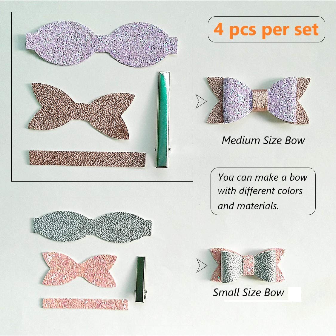 AOUXSEEM DIY Faux Leather Hair Bows Kit - 48 Pre-Cut Pieces with Hair Clips for Girls & Women (Small/Medium Size) - Make Shiny Fashion Hair Accessories for Parties, Weddings & Daily Wear