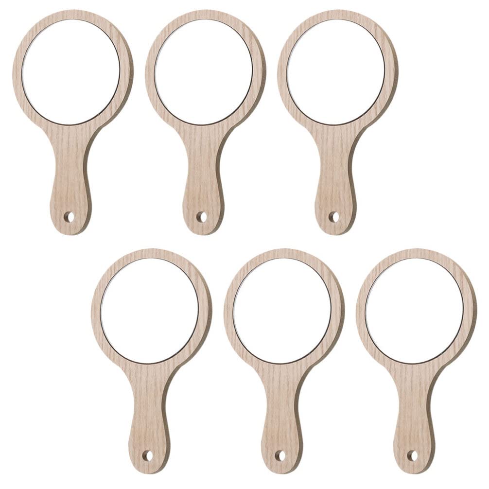 HEALLILY 6Pcs Wooden Handheld Mirror Set with Handle - Vanity Cosmetic Travel Mirror for Barbershops, Self Haircut, Hairdressing & Makeup - Perfect for Home, Salon, Travel & Gifts