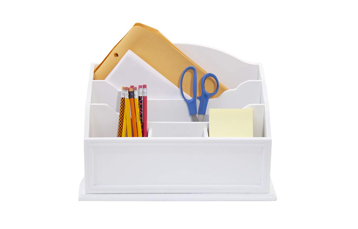 Premium White Wooden Desktop Letter Holder – 5-Slot Mail & Stationery Organizer – High-Quality Wooden Desk Organizer for Pens, Pencils, Bills & Documents – Perfect for Home Office, School & Workspace Organization