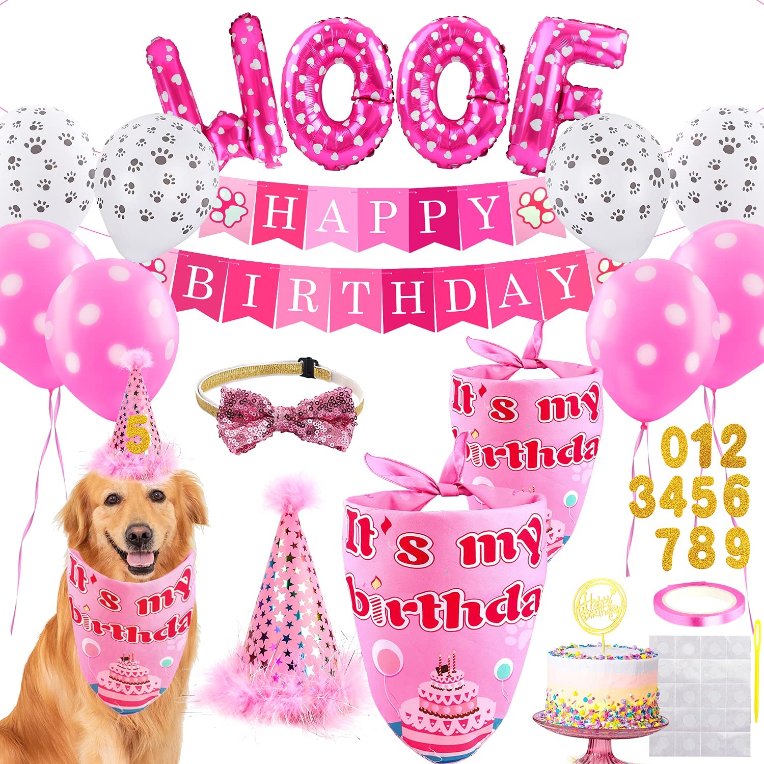 Dog Birthday Party Supplies Set - Cute Dog Bandanas, Hat, Scarf, Banner, Balloons & Bowtie for Puppy Celebration | Perfect for Dog Themed Parties, Birthday Decorations & Pet Photo Shoots