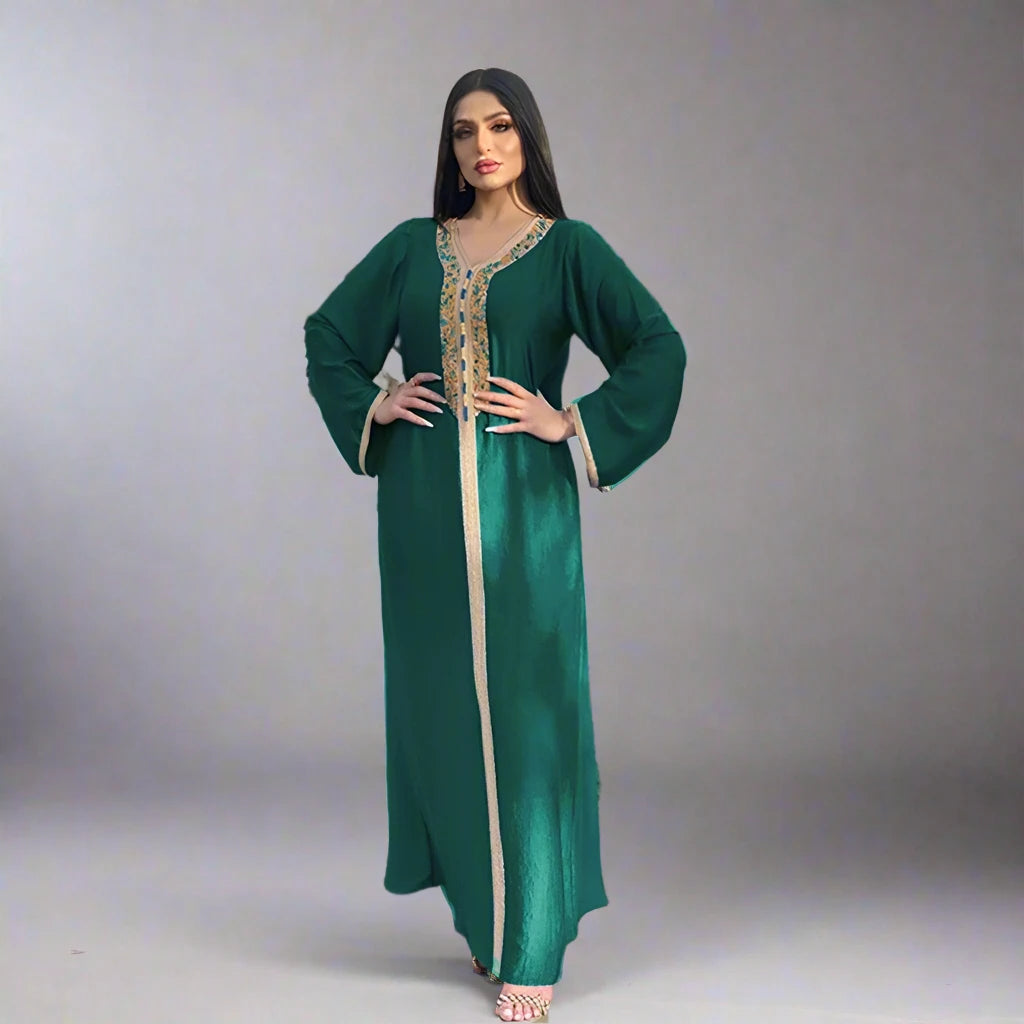 Hotfix Rhinestone Velvet Eid Dress for Women - Elegant Kaftan Jalabiya Abaya for Muslim Holiday, Party & Special Occasions